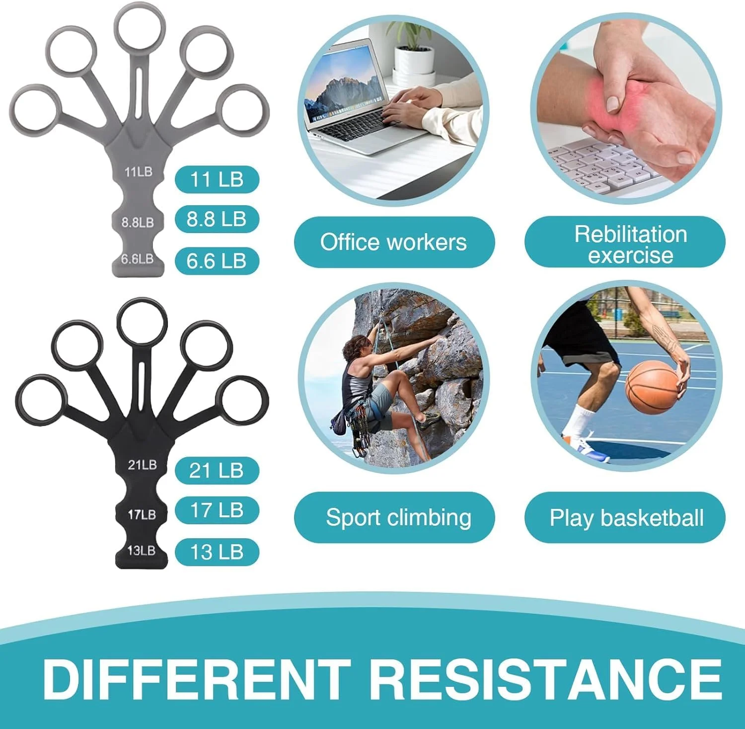 تقویت کننده انگشت، Azonee دو عدد با 6 سطح مقاومت قابل تنظیم برای تمرین انگشت، توانبخشی و تقویت عضلات (مشکی + خاکستری)