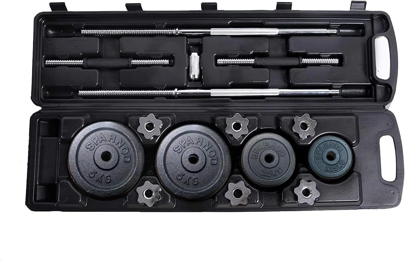 ست دمبل و هالتر قابل تنظیم ۵۰ کیلوگرمی Sparnod Fitness با ۴ میله و ۱۴ صفحه - دمبل با دسته ضد لغزش، میله هالتر و کیف حمل (SD-50)