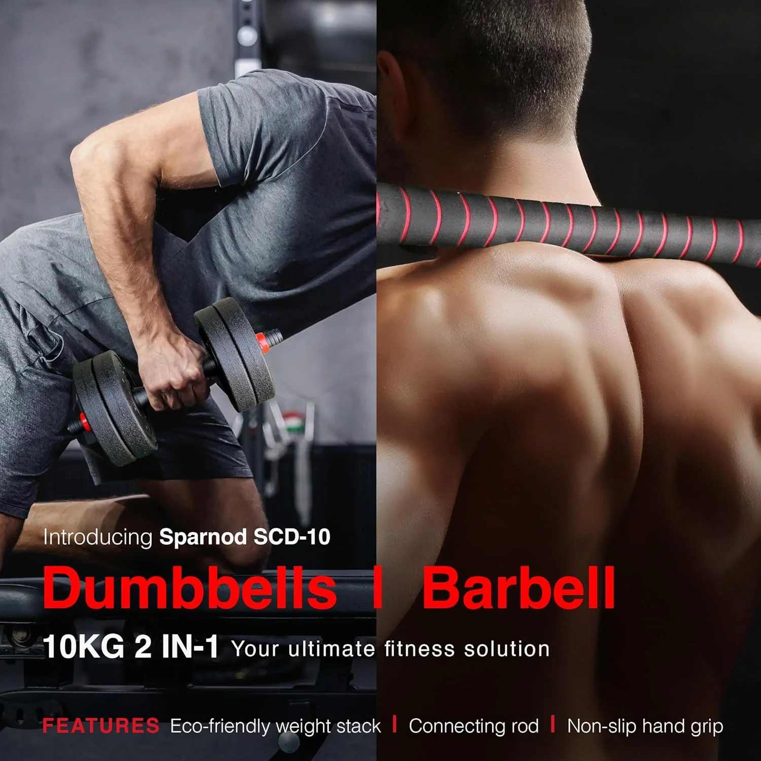 ست دمبل/هالتر 2 در 1 سری SCD اسپارنود فیتنس - مونتاژ آسان 3 مرحله ای با میله اتصال، وزنه های سازگار با محیط زیست، دمبل های بتنی با روکش PVC، دستگیره ضد لغزش، تناسب اندام کامل در خانه