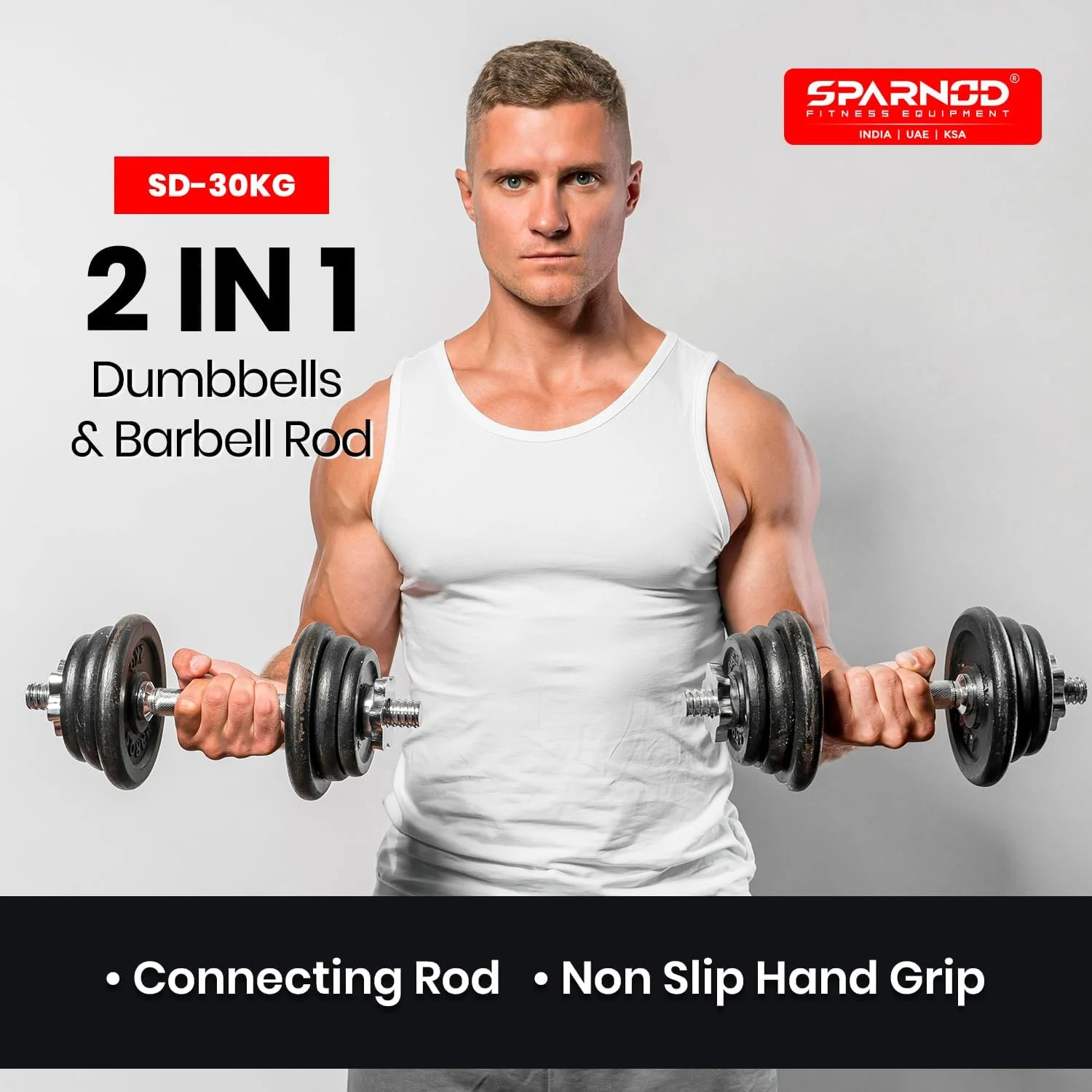 ست دمبل و هالتر قابل تنظیم ۳۰ کیلوگرمی Sparnod Fitness با ۴ میله و ۱۴ صفحه - دمبل با دسته ضد لغزش، میله هالتر و کیف حمل (SD-30)