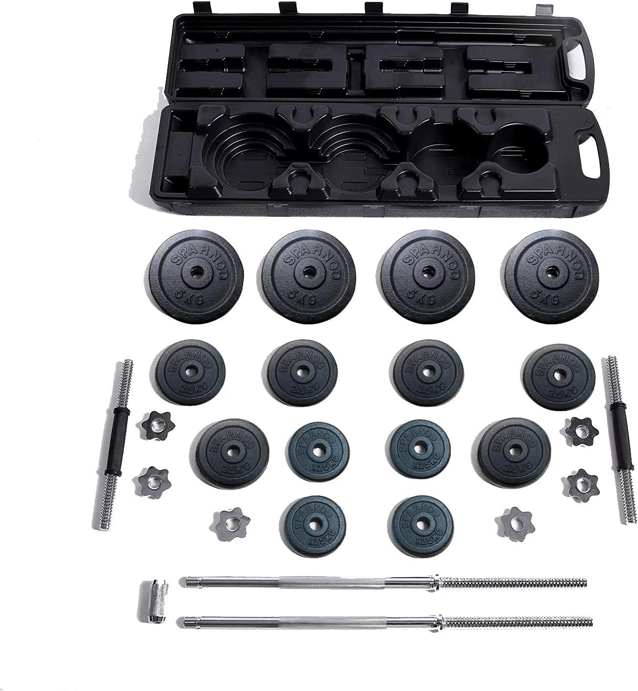 ست دمبل و هالتر قابل تنظیم ۵۰ کیلوگرمی Sparnod Fitness با ۴ میله و ۱۴ صفحه - دمبل با دسته ضد لغزش، میله هالتر و کیف حمل (SD-50)