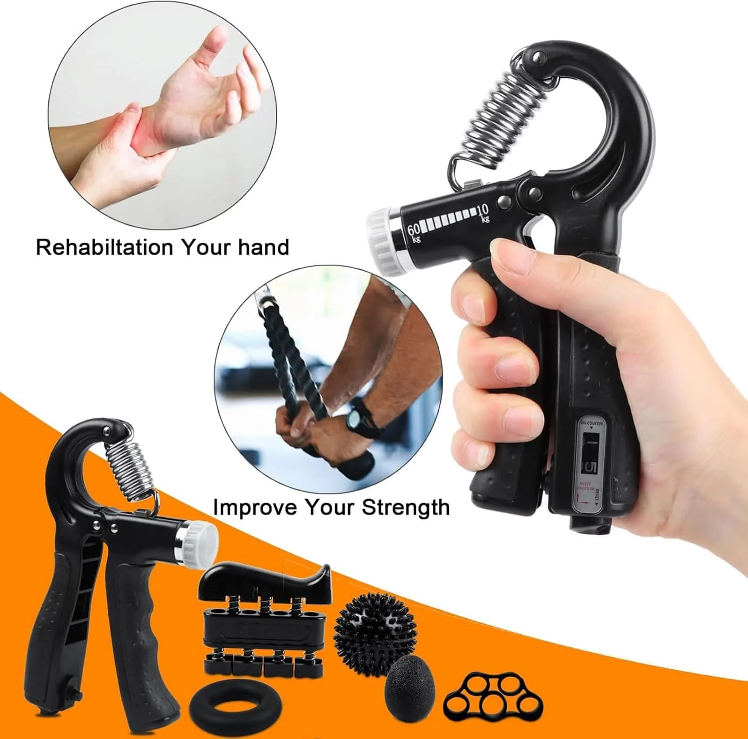 ست تقویت کننده مچ و انگشتان SOOFAM (شامل 6 قطعه)، تقویت کننده مچ، تمرین دهنده انگشت، تمرین دهنده قابل تنظیم، توپ ضد استرس و حلقه تمرین ساعد برای عضله سازی و بهبود آسیب دیدگی