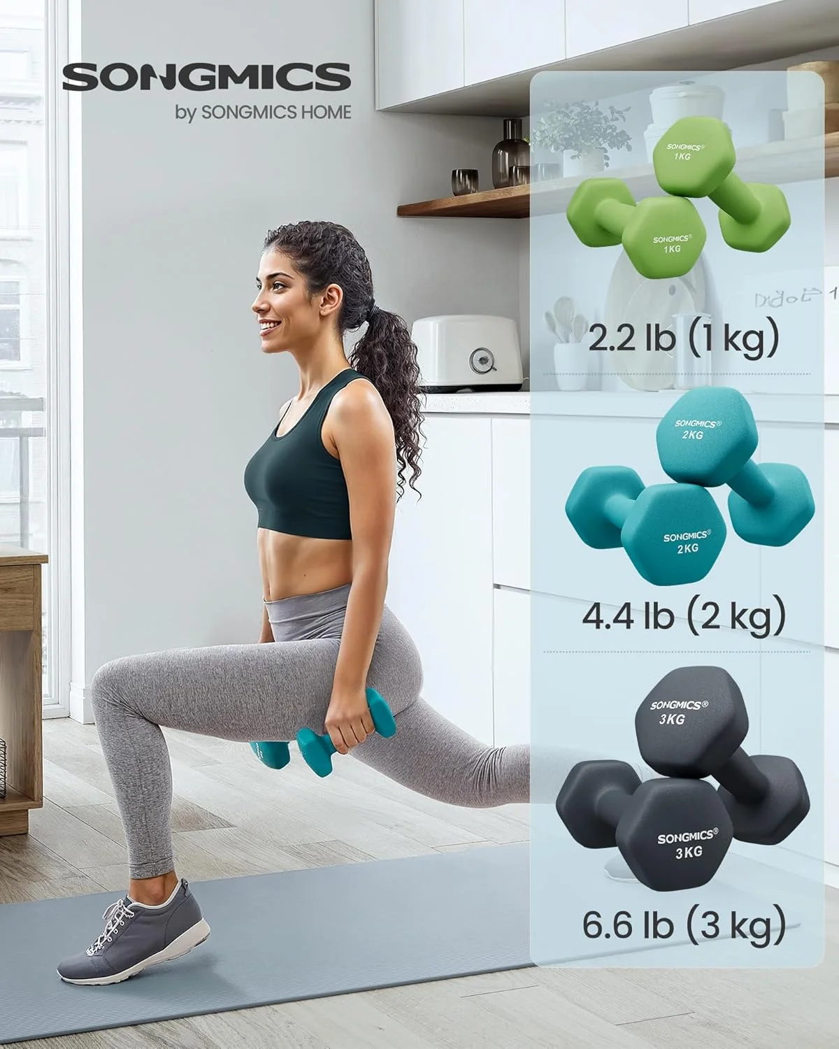 ست دمبل SONGMICS، 3 جفت، 2 عدد 1 کیلوگرمی، 2 عدد 2 کیلوگرمی، 2 عدد 3 کیلوگرمی، دارای استند نگهداری، مناسب باشگاه، بدنسازی، با روکش نئوپرن ضد لغزش