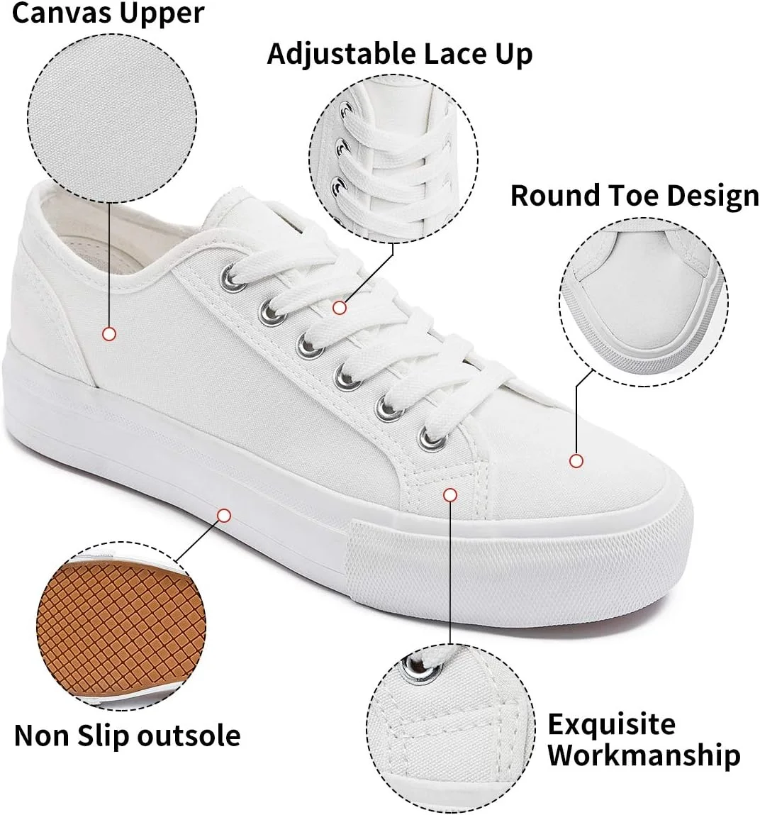 کفش کتانی پلتفرم سفید زنانه، کفش تنیس پلتفرم مشکی، کفش کتانی بند دار غیر رسمی، کفش پیاده روی بوم تخت