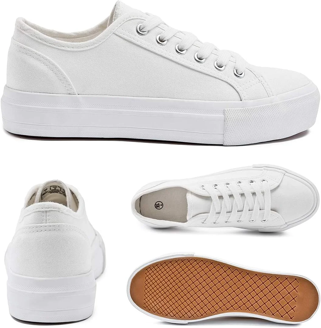 کفش کتانی پلتفرم سفید زنانه، کفش تنیس پلتفرم مشکی، کفش کتانی بند دار غیر رسمی، کفش پیاده روی بوم تخت