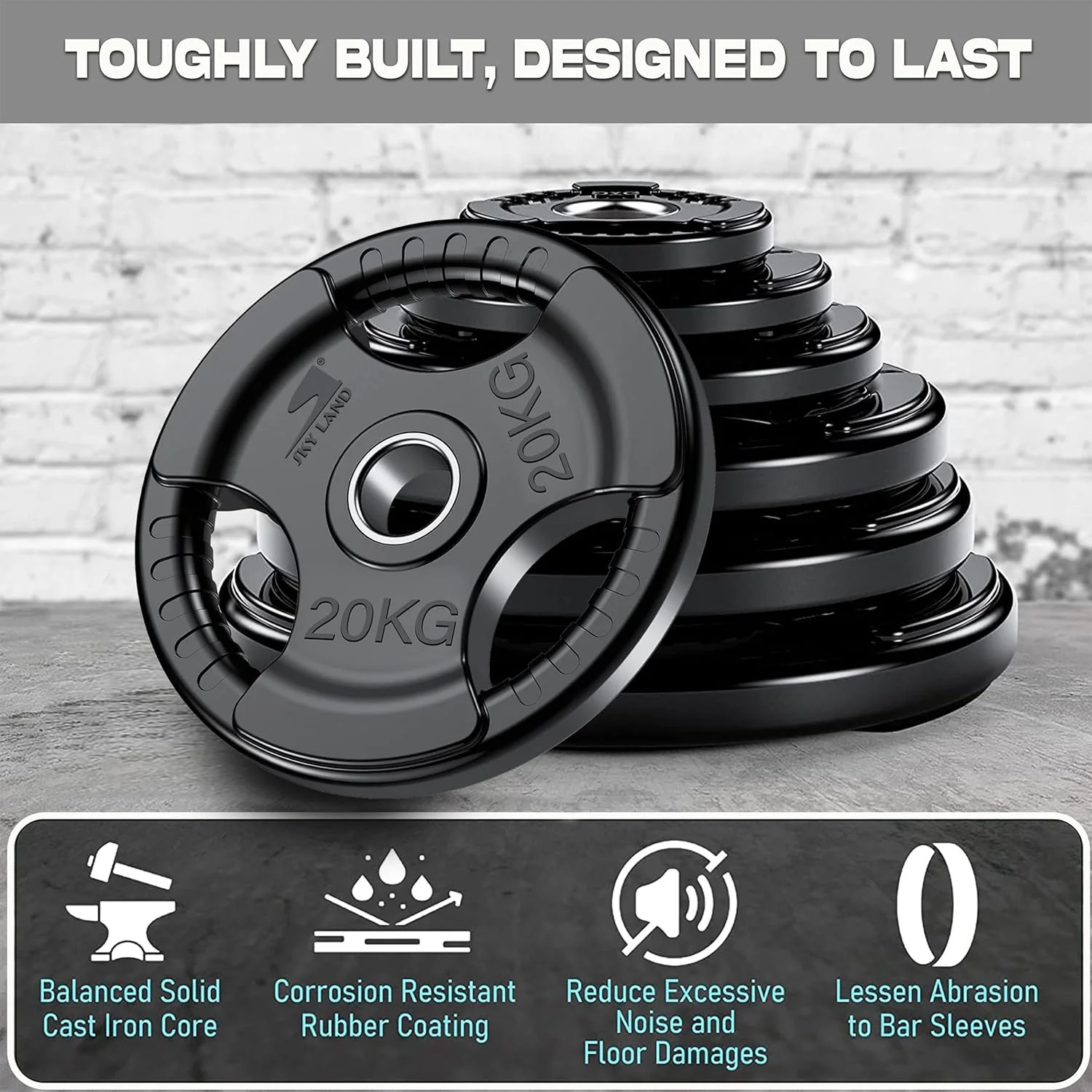 صفحات وزنه المپیک SKY LAND با روکش لاستیکی، دهانه 2 اینچی و سه دستگیره، دیسک های وزنه برداری مشکی به صورت تکی برای تمرینات قدرتی و وزنه برداری، وزنه های هسته چدنی جامد، 20 کیلوگرم EM-9264-20