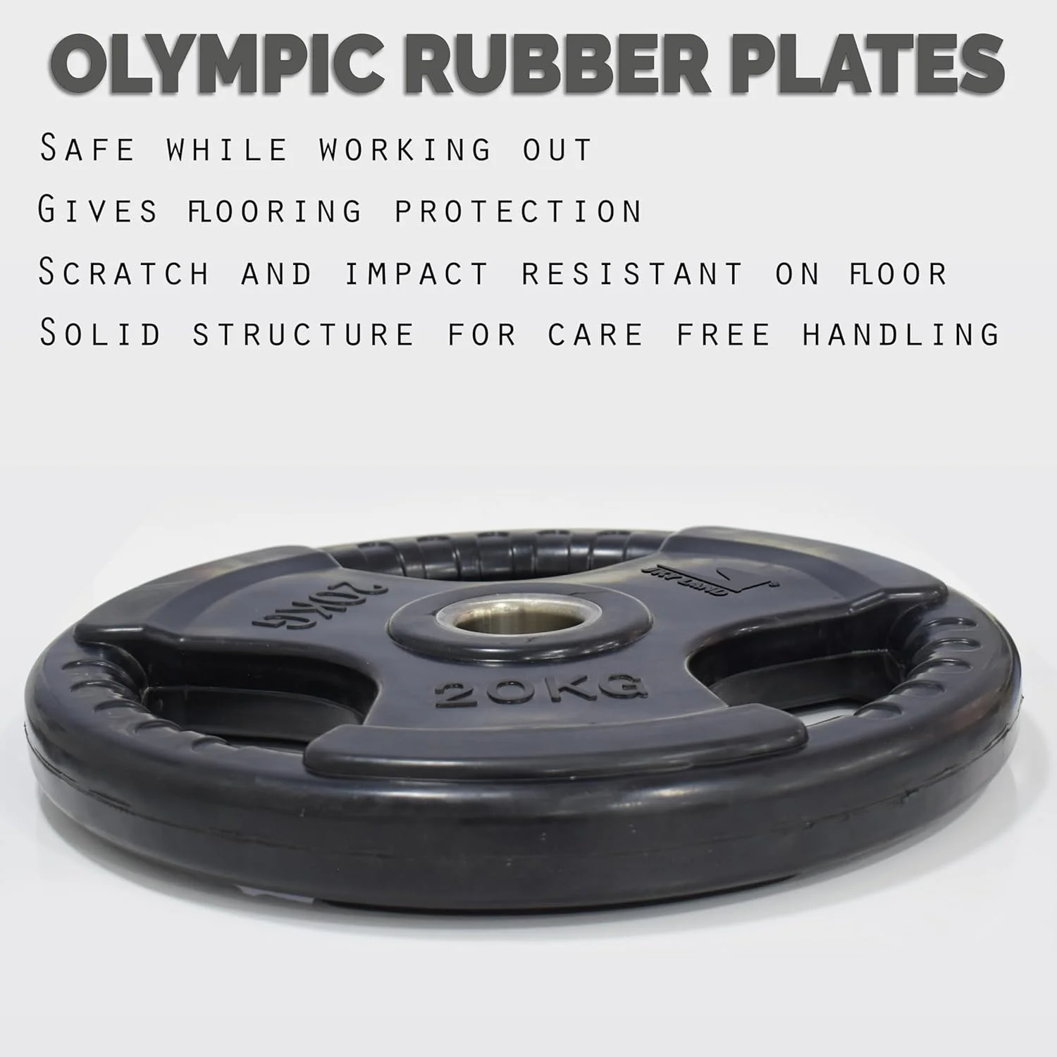 صفحات وزنه المپیک SKY LAND با روکش لاستیکی، دهانه 2 اینچی و سه دستگیره، دیسک های وزنه برداری مشکی به صورت تکی برای تمرینات قدرتی و وزنه برداری، وزنه های هسته چدنی جامد، 20 کیلوگرم EM-9264-20
