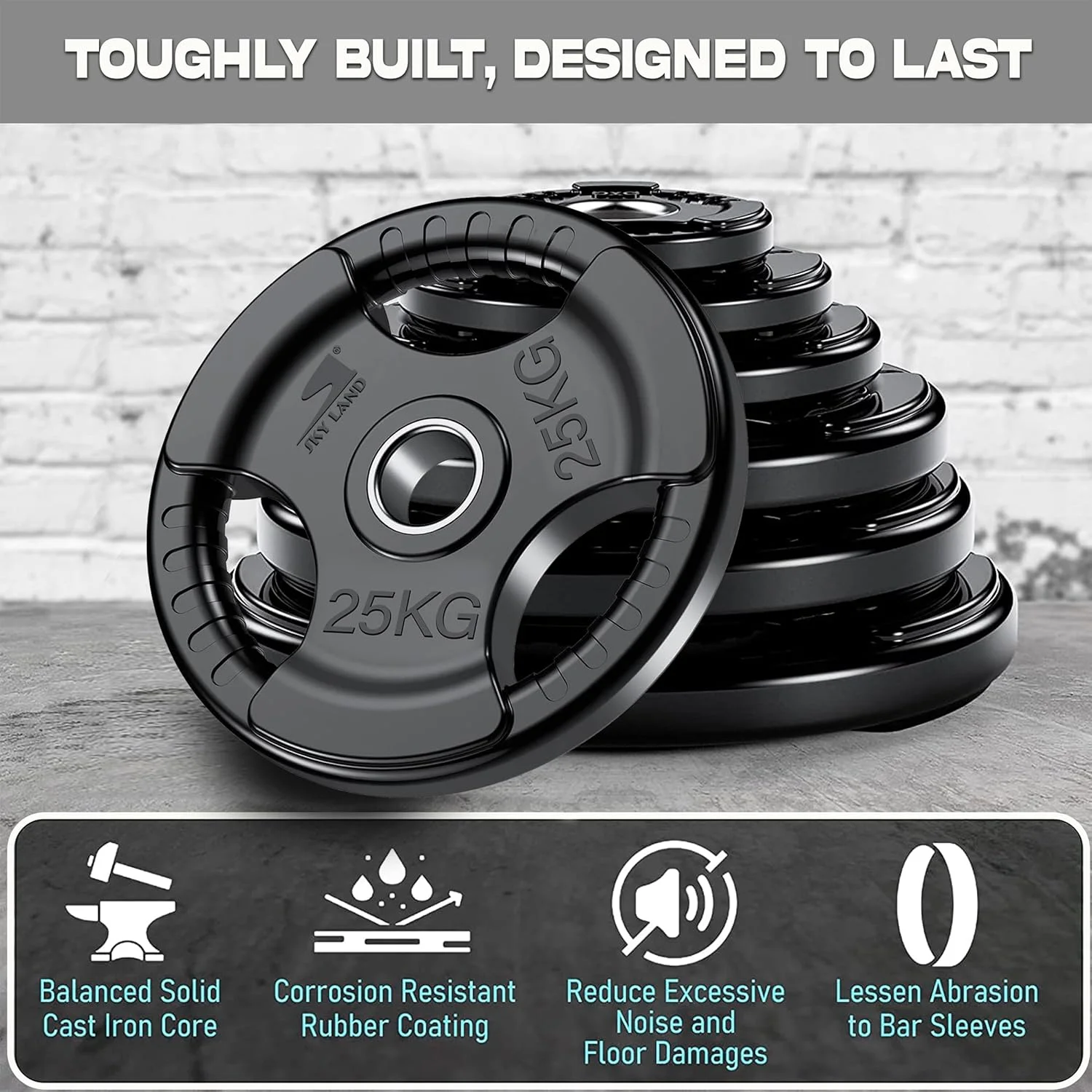 صفحات وزنه المپیک فیتنس SKY LAND با روکش لاستیکی، دهانه 2 اینچی و سه دستگیره، دیسک های وزنه برداری مشکی به صورت تکی برای تمرینات قدرتی و وزنه برداری، وزنه های هسته چدنی جامد، 25 کیلوگرم EM-9264-25