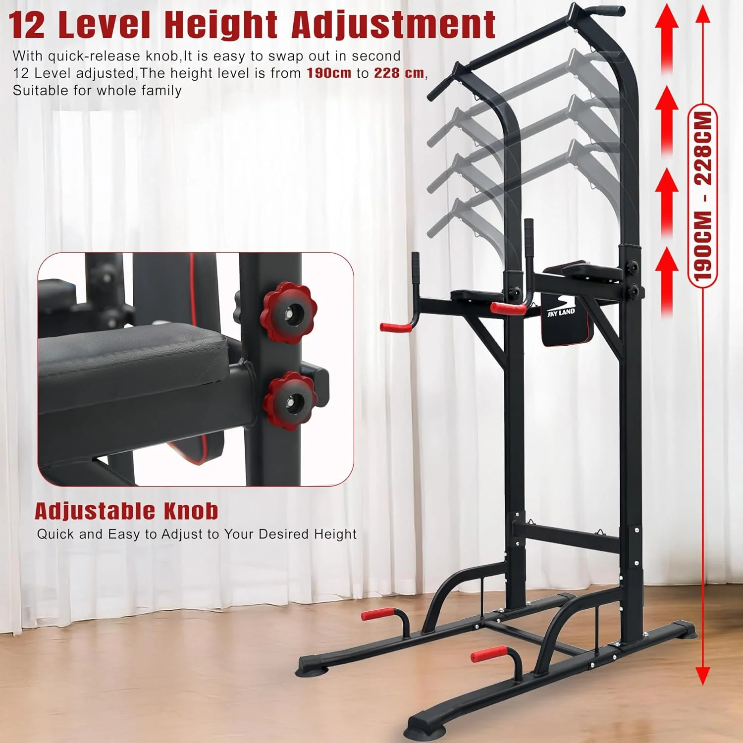 مجموعه برج قدرتی حرفه ای SKY LAND و نیمکت دراز و نشست قابل تنظیم - فولاد سنگین، ایستگاه چند منظوره باشگاه خانگی برای شنا سوئدی، بارفیکس، شنا، نیمکت تمرین با زوایای قابل تنظیم