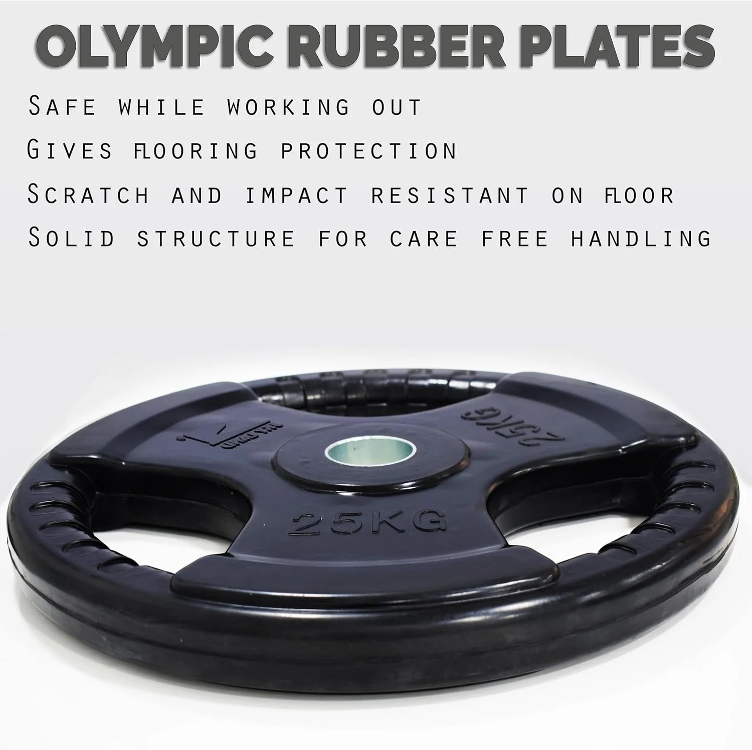 صفحات وزنه المپیک فیتنس SKY LAND با روکش لاستیکی، دهانه 2 اینچی و سه دستگیره، دیسک های وزنه برداری مشکی به صورت تکی برای تمرینات قدرتی و وزنه برداری، وزنه های هسته چدنی جامد، 25 کیلوگرم EM-9264-25
