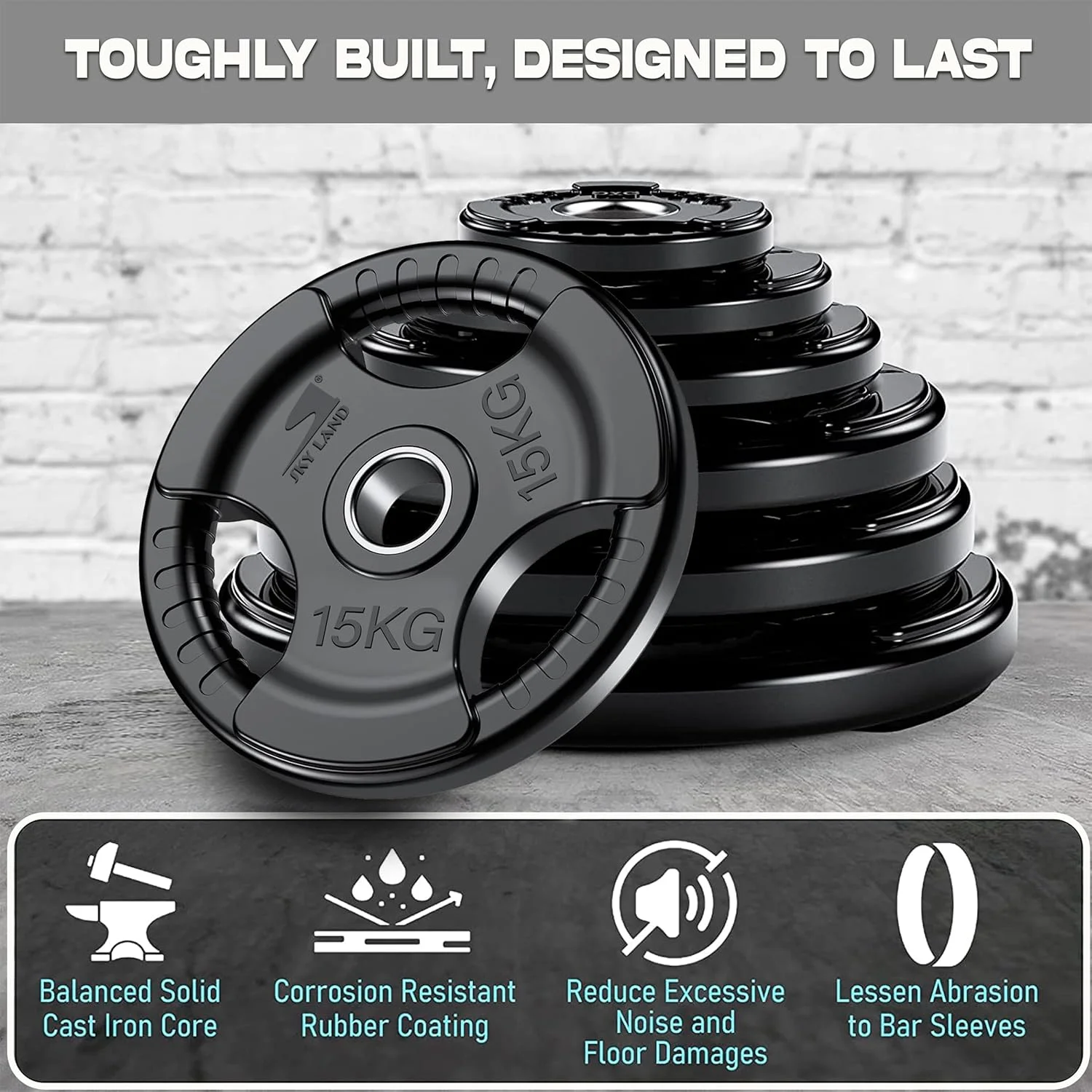 صفحات وزنه المپیک فیتنس SKY LAND با روکش لاستیکی، دهانه 2 اینچی و سه دستگیره، دیسک های وزنه برداری مشکی به صورت تک برای تمرینات وزنه برداری و قدرتی، وزنه های هسته چدنی جامد، 15 کیلوگرم EM-9264-15