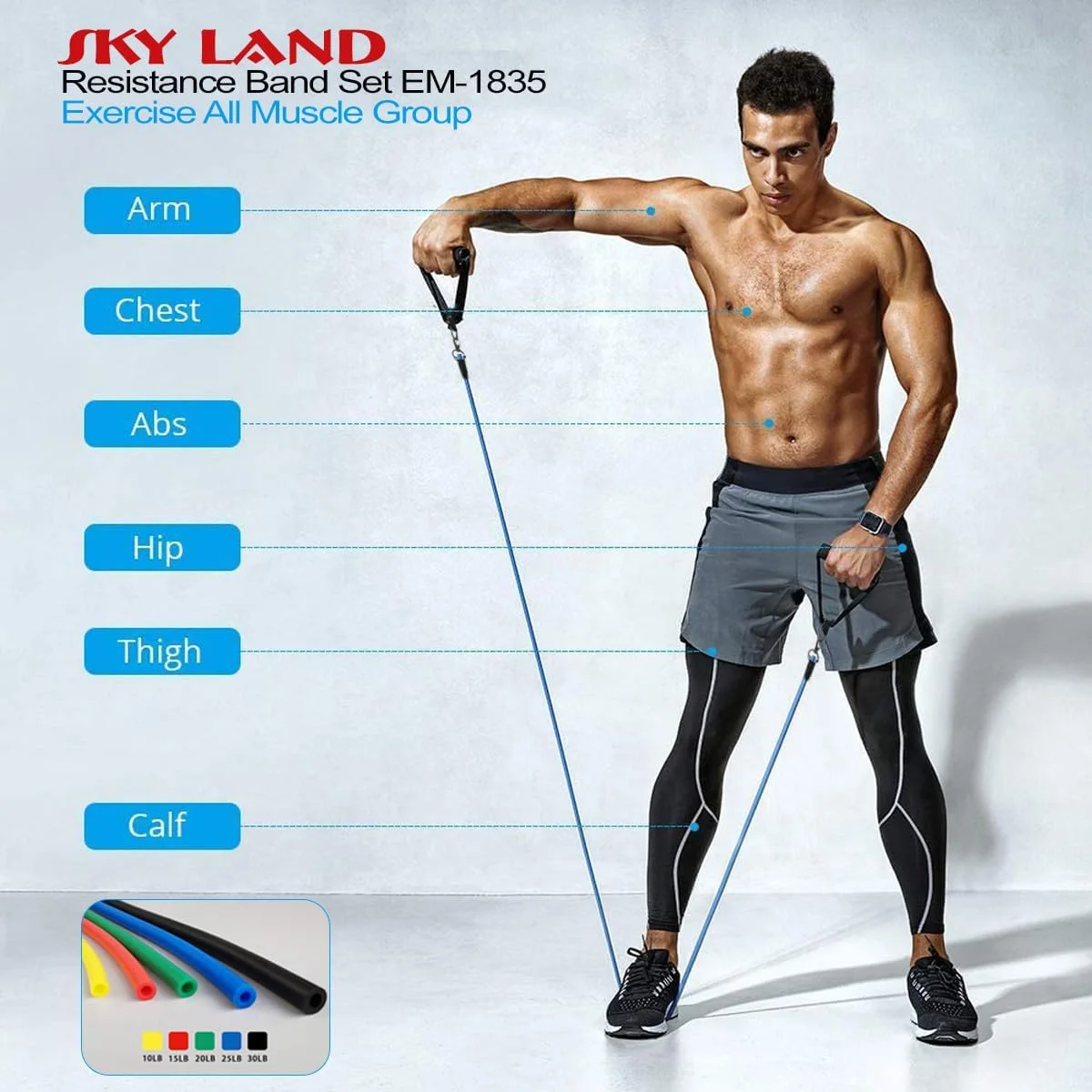 ست ۱۱ تکه کش مقاومتی SKY LAND، تیوب مقاومتی با دسته‌های فومی، لنگر در برای تمرین و کشش، مناسب برای تمرینات خانگی و باشگاهی برای آقایان و بانوان، Em-1835