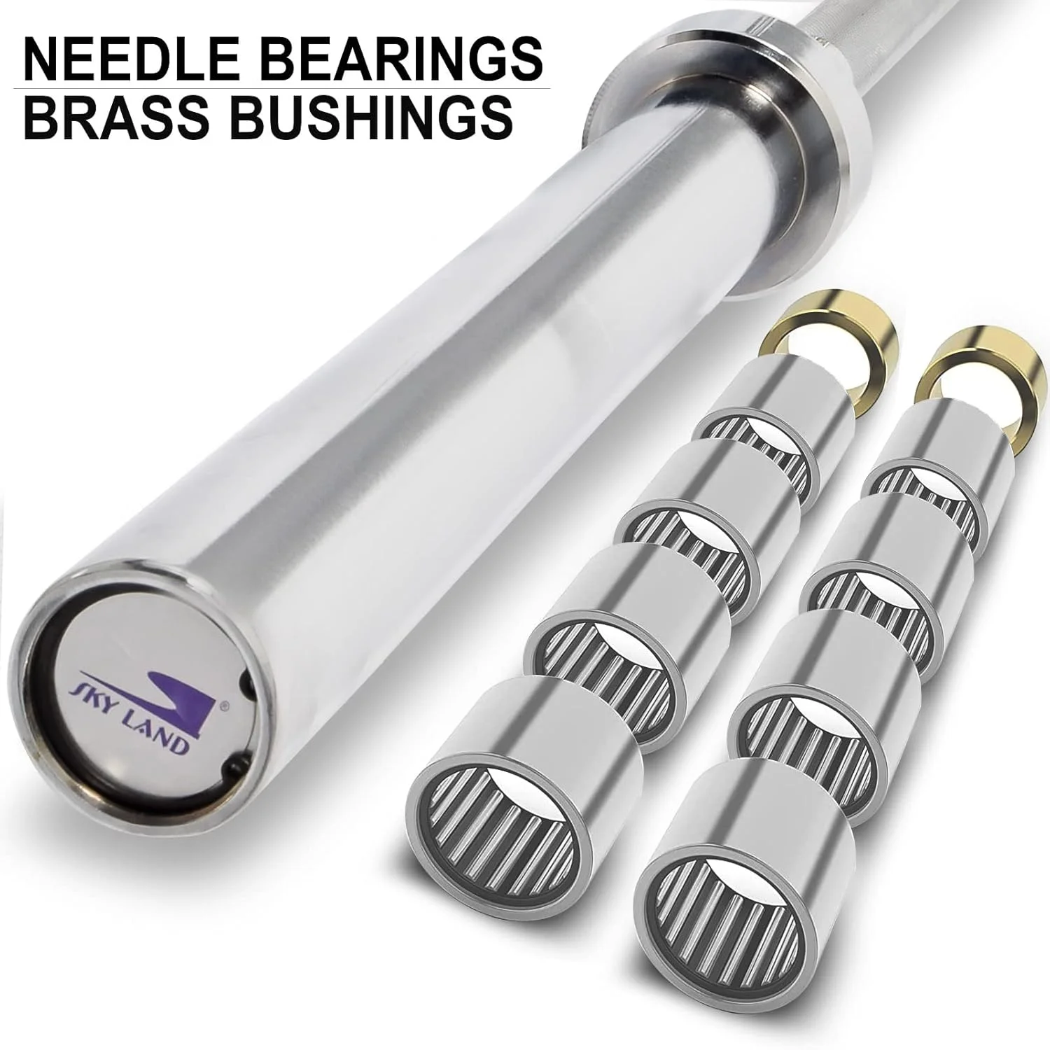 میله هالتر المپیک اسکای لند 1.5 متری، میله فولادی جامد با روکش کروم، آستین های چرخشی و دستگیره آجدار، سازگار با صفحات وزنه 5 سانتی متری برای پاورلیفتینگ، بدنسازی و باشگاه خانگی EM-9265-Rod-1.5M