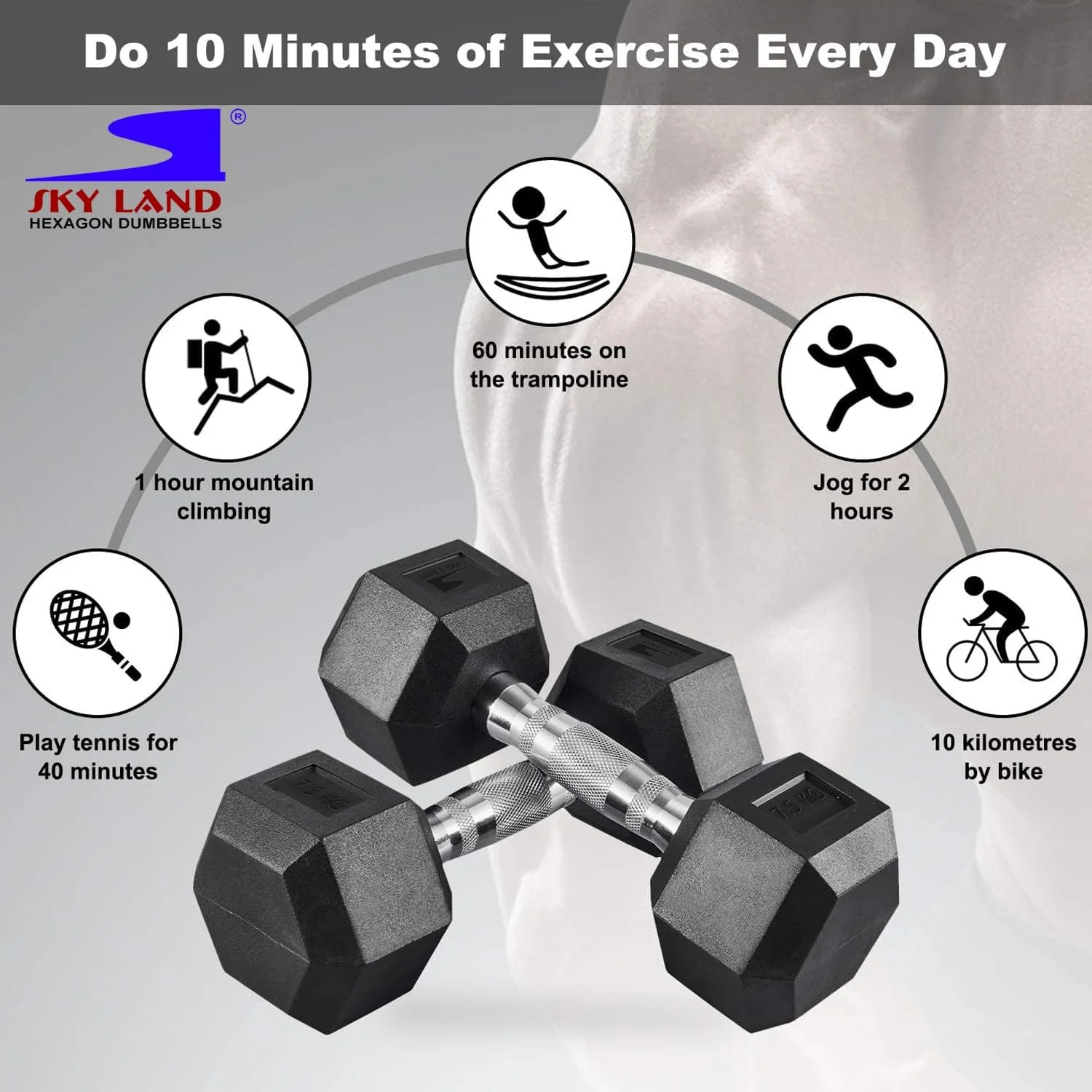 دمبل شش ضلعی روکش دار SKY LAND، دمبل های شش ضلعی چدنی با روکش لاستیکی 7.5 کیلوگرم * 2 برای تمرین حرفه ای | دمبل وزنه دستی ممتاز | تجهیزات تمرین قدرتی | تمرین کامل بدن - EM-9260-7.5