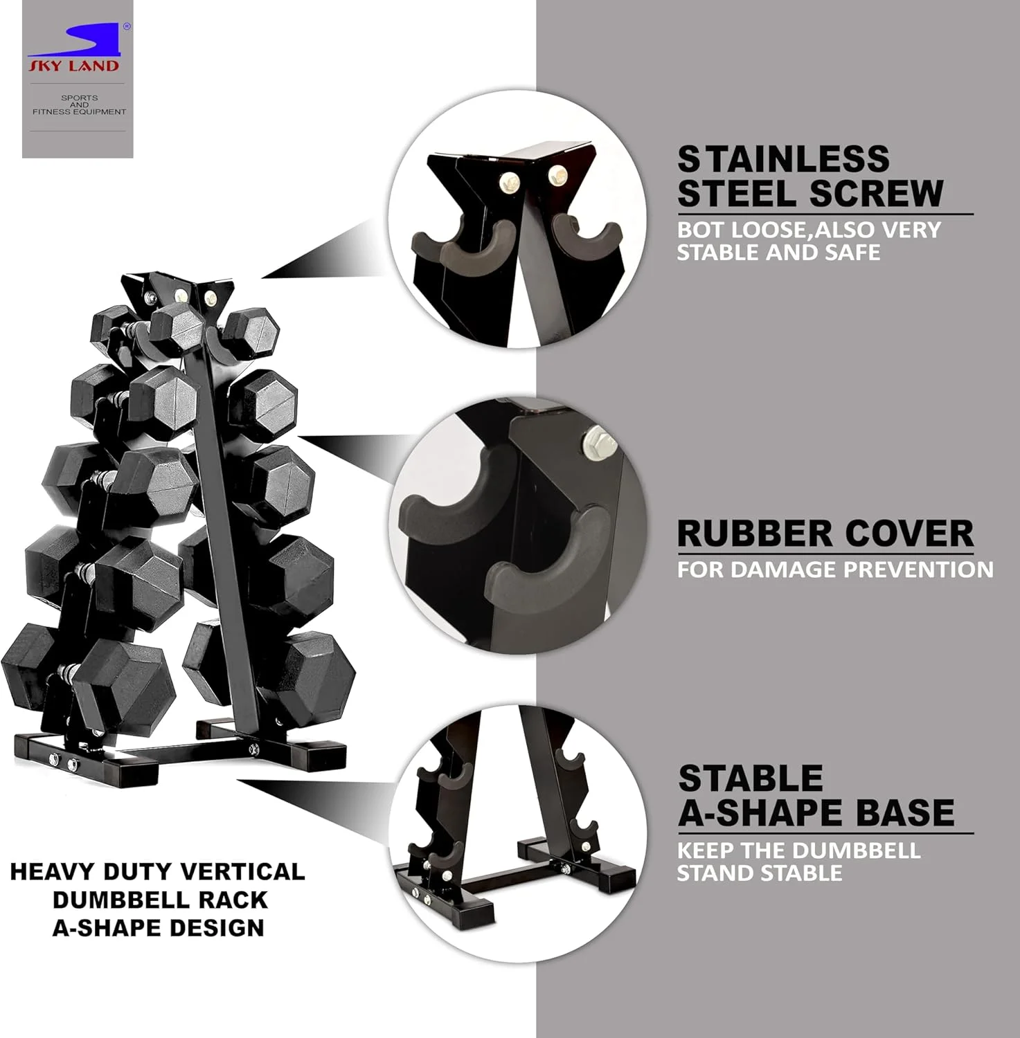 استند دمبل SKY LAND EM-9366 - استند دمبل سنگین وزن با طراحی A شکل برای باشگاه خانگی | استند دمبل جمع و جور برای 5 جفت دمبل شش ضلعی و نئوپرن | استند نگهداری دمبل با قابلیت صرفه جویی در فضا