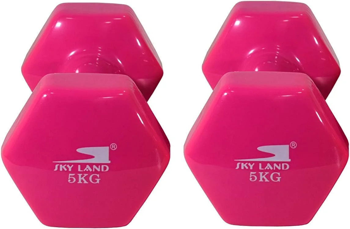 ست دمبل 2 عددی SKY LAND، وزنه دستی 5 کیلوگرمی، روکش وینیل ضد لغزش برای تمرینات قدرتی، ایروبیک، پیلاتس و تمرینات خانگی، تجهیزات ورزشی ضد غلتش با شکل شش ضلعی