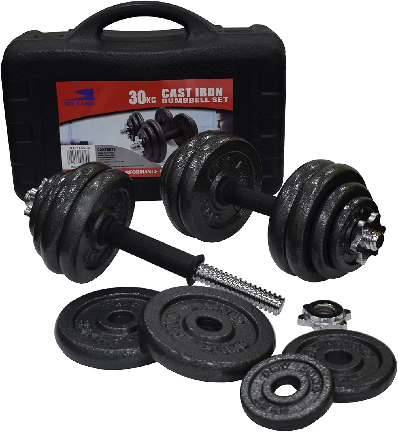 ست دمبل چدنی 30 کیلوگرمی SKY LAND مدل EM-9221-30 – ست دمبل قابل تنظیم برای باشگاه خانگی، دسته های کرومی، روکش ضد لغزش، بست های ستاره ای، روکش مشکی بادوام – ست تمرین قدرتی بزرگسالان унисекс