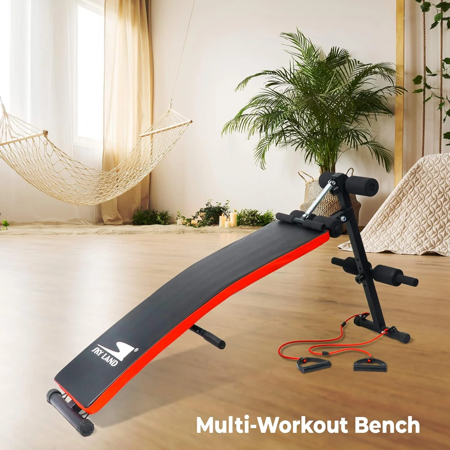 نیمکت ورزشی اسکای لند مدل EM-1856، نیمکت خمیده چند منظوره برای تمرینات شکم و کل بدن، نیمکت پرس سینه تاشو مناسب باشگاه خانگی با پشتیبانی قابل تنظیم پا و طناب های مقاومتی