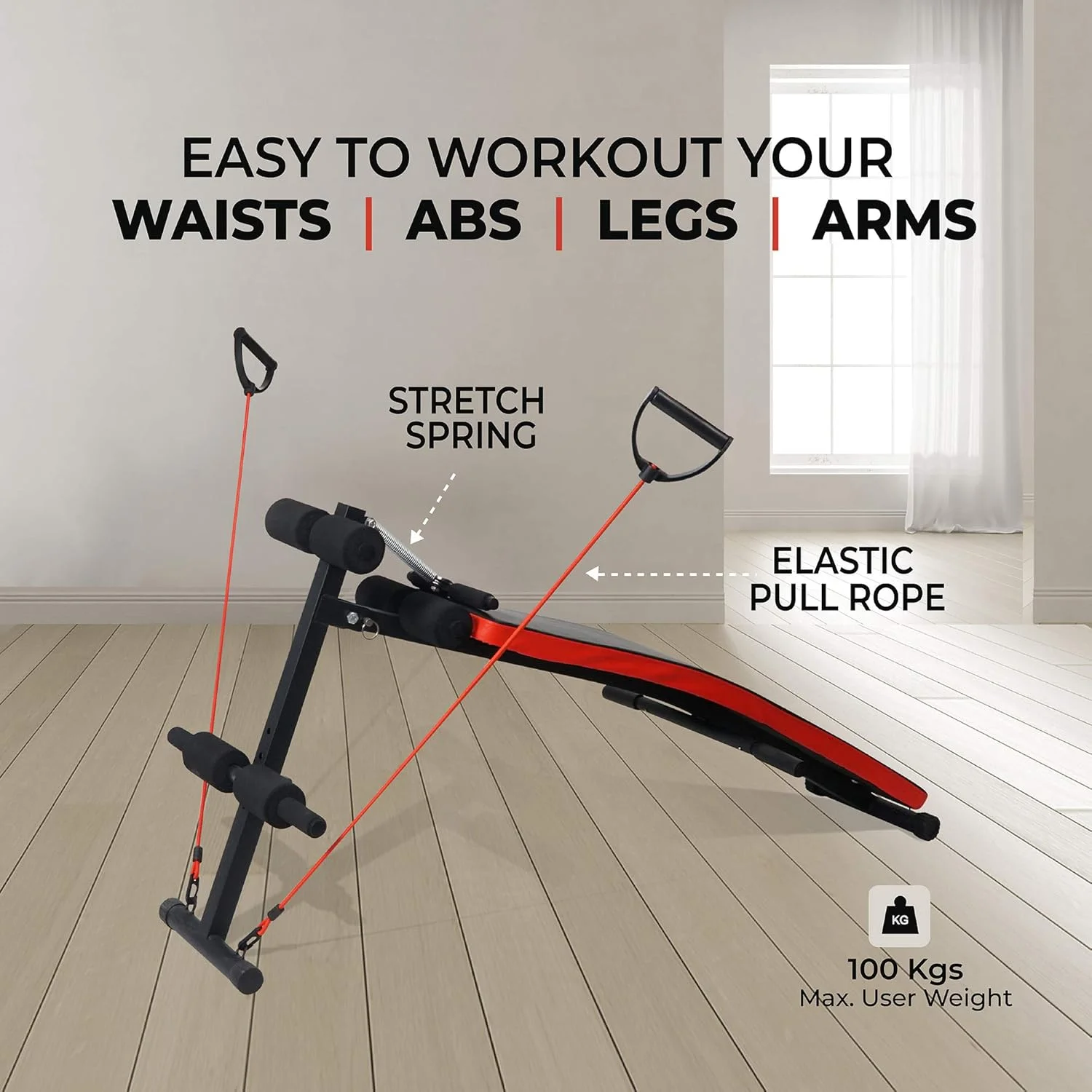 نیمکت ورزشی اسکای لند مدل EM-1856، نیمکت خمیده چند منظوره برای تمرینات شکم و کل بدن، نیمکت پرس سینه تاشو مناسب باشگاه خانگی با پشتیبانی قابل تنظیم پا و طناب های مقاومتی