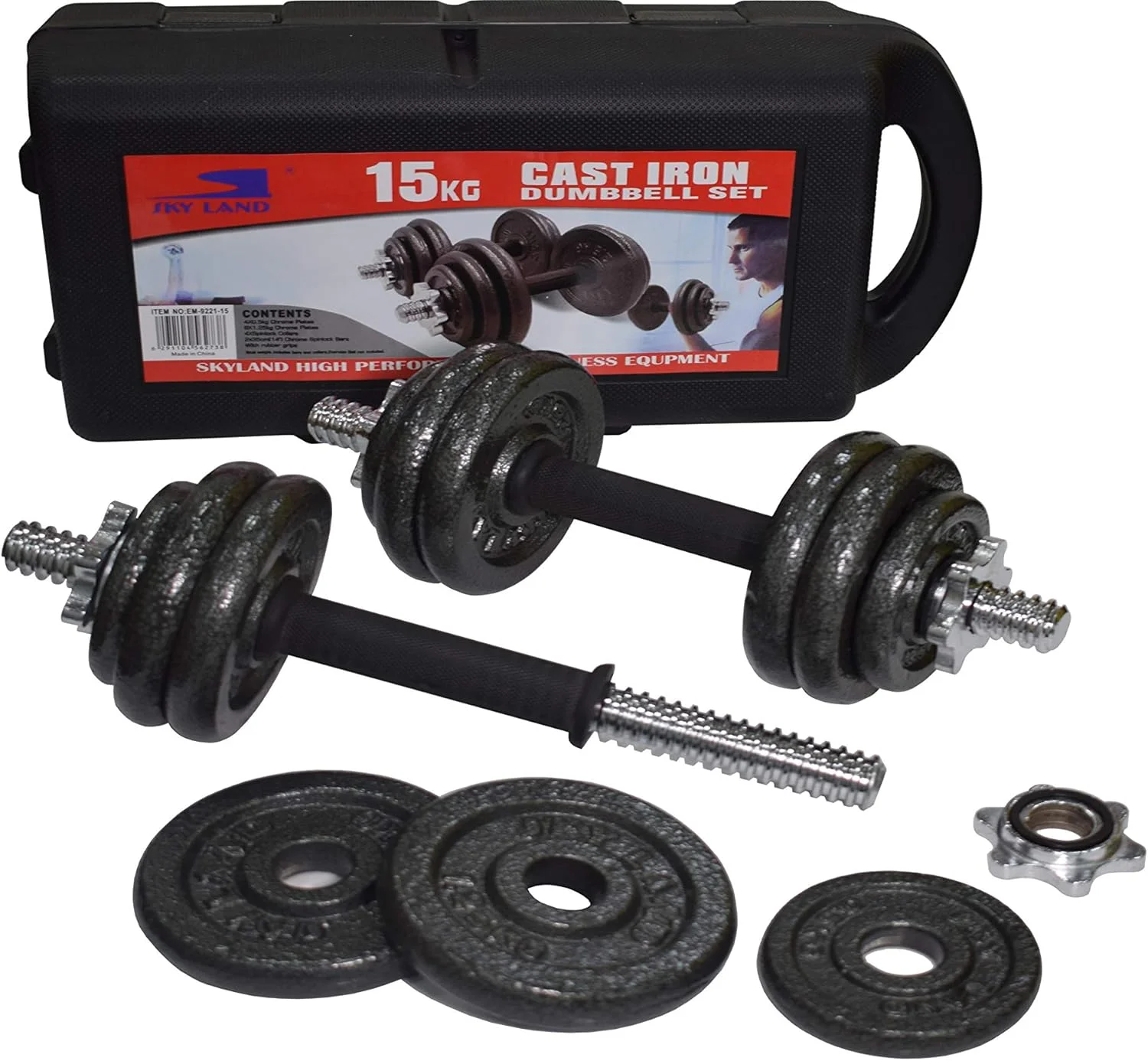 ست دمبل چدنی SKY LAND مدل EM-9221-15 – ست دمبل قابل تنظیم برای باشگاه خانگی، وزنه‌های فلزی بادوام با دسته روکش کروم و قفل ستاره‌ای – ست تمرینات قدرتی