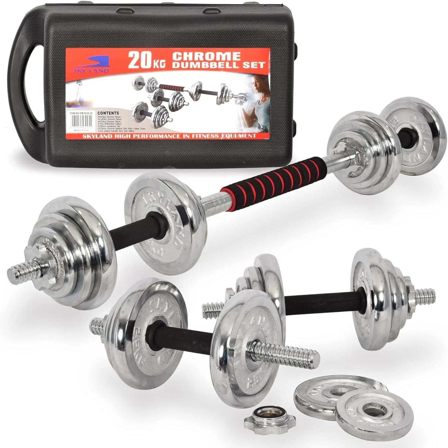 ست دمبل قابل تنظیم 20 کیلوگرمی SKY LAND با اتصال میله هالتر | ست دمبل چدنی کروم برای تمرینات قدرتی در خانه - EM-9239-20