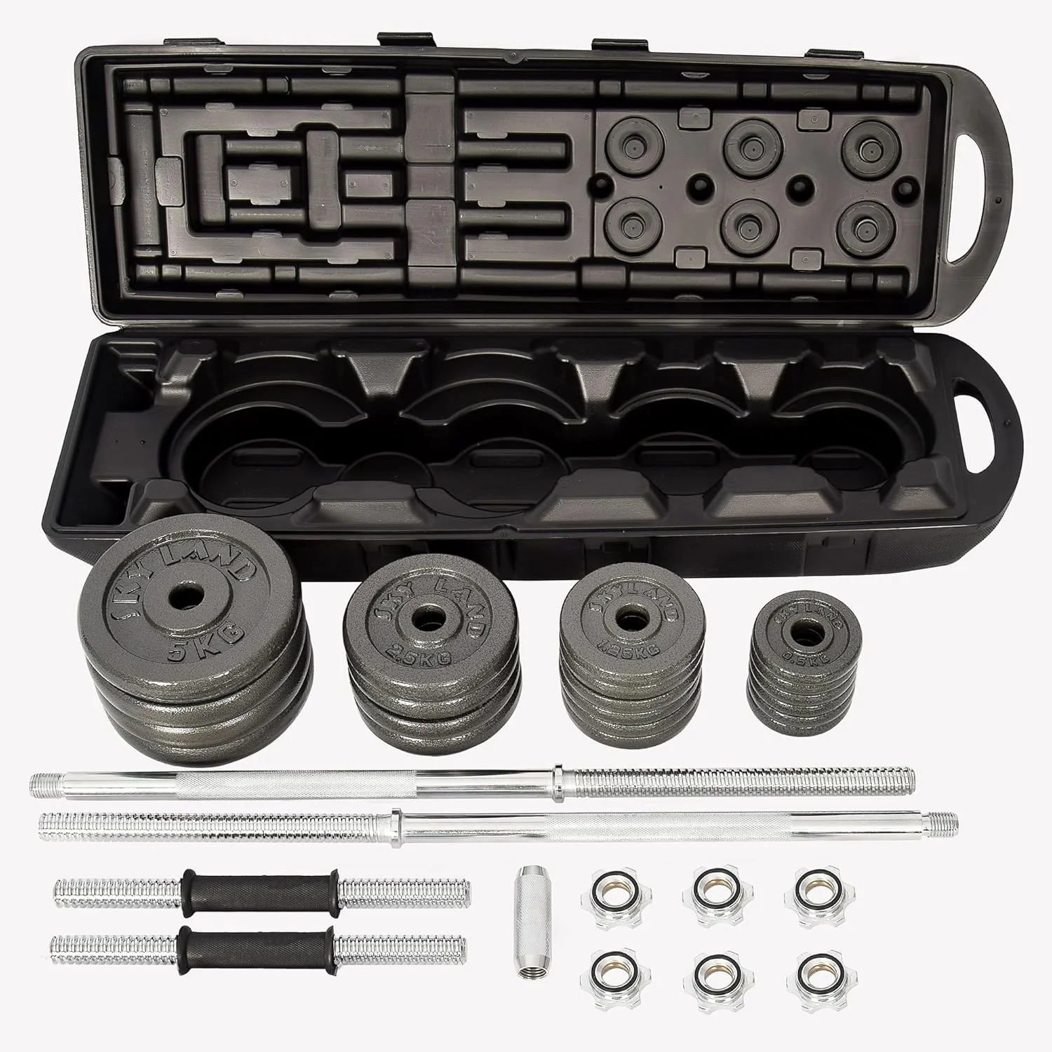 ست دمبل و هالتر ۵۰ کیلوگرمی قابل تنظیم SKY LAND مدل EM-9221-50، دمبل های بادوام با روکش مشکی برای تمرینات قدرتی و باشگاه خانگی مناسب برای آقایان و بانوان