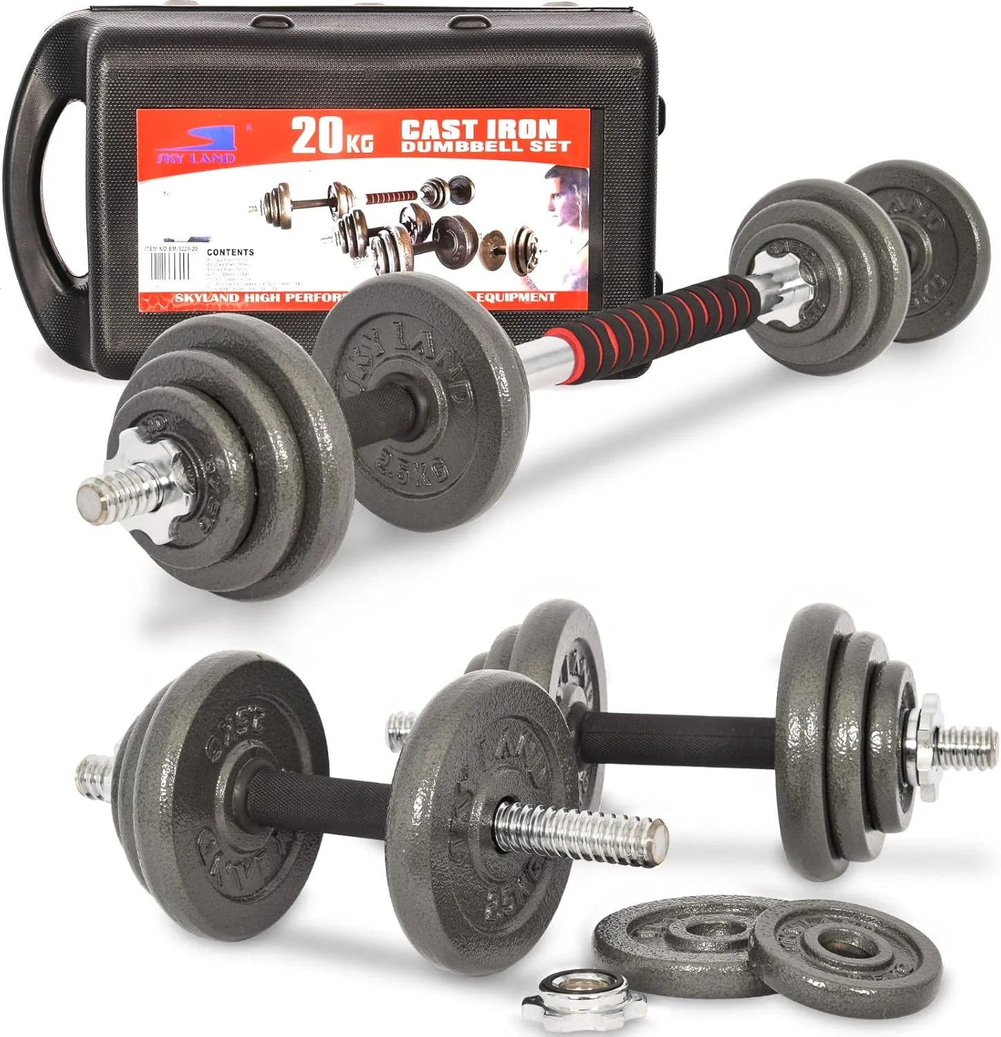 ست دمبل قابل تنظیم 20 کیلوگرمی SKY LAND مدل EM-9229-20 به همراه رابط | ست دمبل چدنی برای تمرینات قدرتی، باشگاه خانگی، تمرینات کل بدن | تبدیل به هالتر، دسته ضد لغزش، کیف بادوام - مشکی