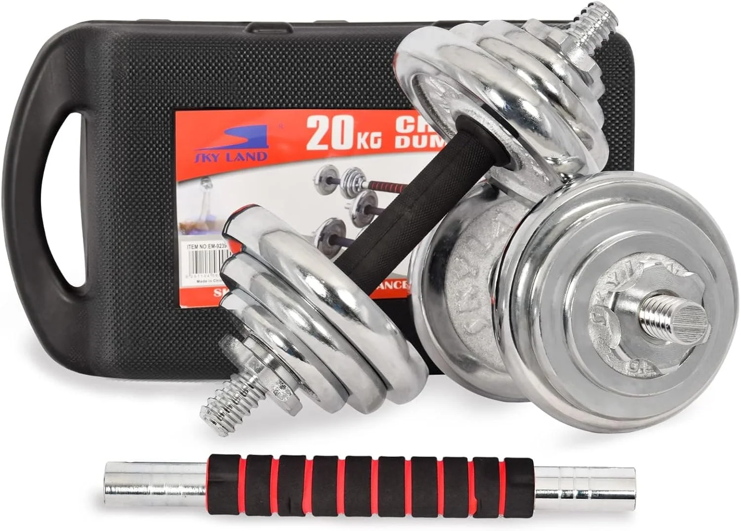 ست دمبل قابل تنظیم 20 کیلوگرمی SKY LAND با اتصال میله هالتر | ست دمبل چدنی کروم برای تمرینات قدرتی در خانه - EM-9239-20