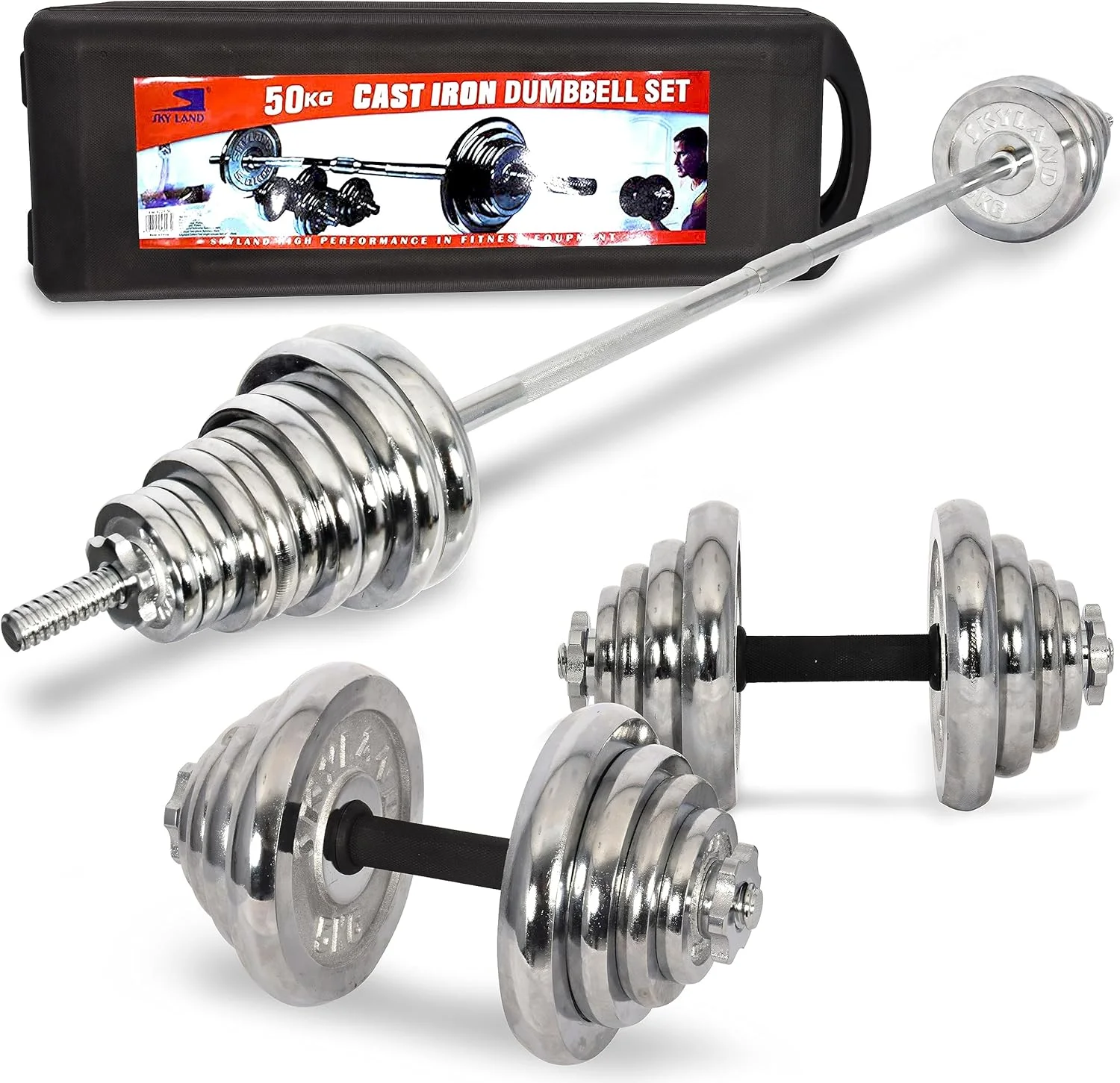 ست دمبل و هالتر کرومی قابل تنظیم اسکای لند فیتنس برای تمرینات وزنه برداری. شامل جعبه نگهداری چرخ دار، 50 کیلوگرم، نقره ای