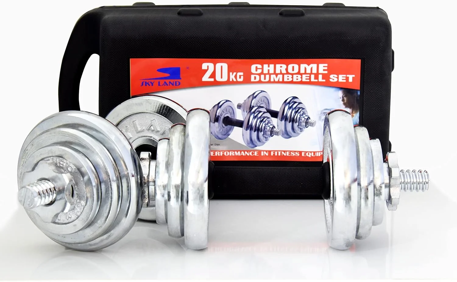 ست دمبل و هالتر کرومی قابل تنظیم 20 کیلوگرمی SKY LAND با جعبه نگهداری، وزنه های آزاد تمرین قدرتی باشگاه خانگی، دسته های ضد لغزش و یقه های اسپین لاک، نقره ای EM-9227-20