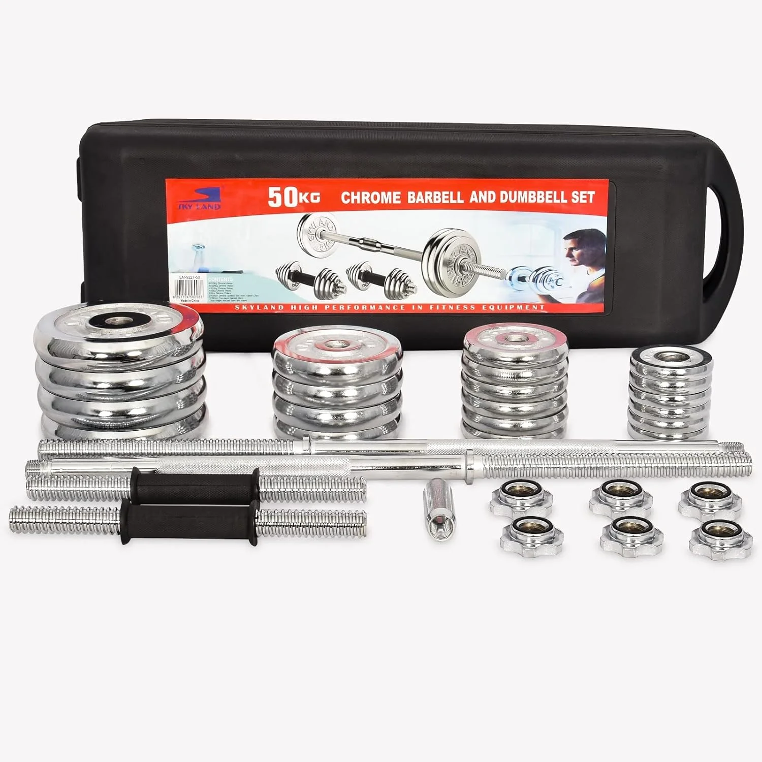 ست دمبل و هالتر کرومی قابل تنظیم اسکای لند فیتنس برای تمرینات وزنه برداری. شامل جعبه نگهداری چرخ دار، 50 کیلوگرم، نقره ای