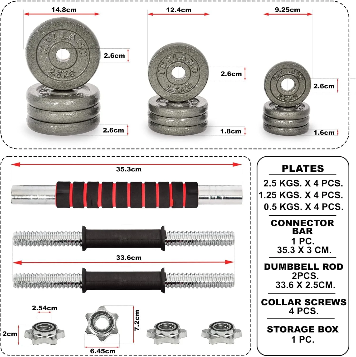 ست دمبل قابل تنظیم 20 کیلوگرمی SKY LAND مدل EM-9229-20 به همراه رابط | ست دمبل چدنی برای تمرینات قدرتی، باشگاه خانگی، تمرینات کل بدن | تبدیل به هالتر، دسته ضد لغزش، کیف بادوام - مشکی