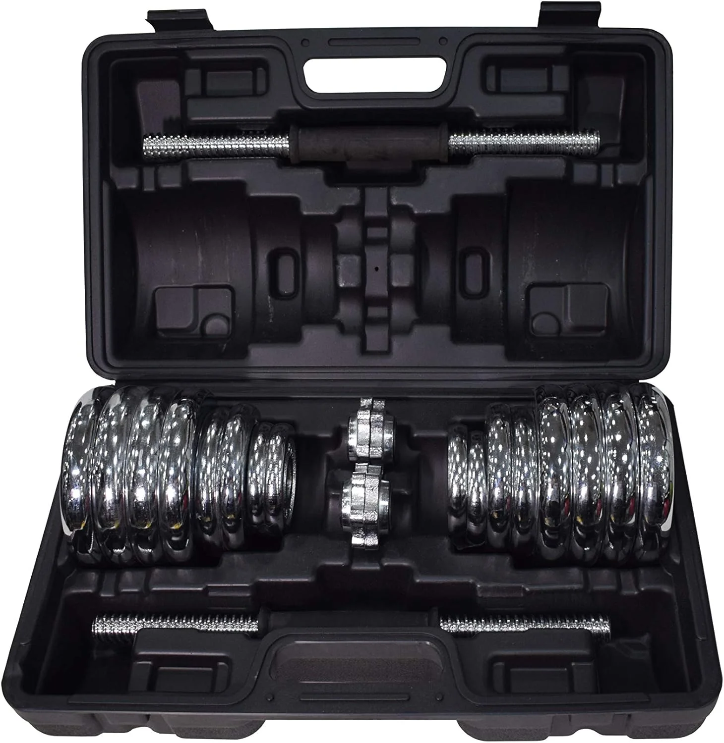 ست دمبل کرومی قابل تنظیم اسکای لند برای بزرگسالان - ست وزنه 30 کیلوگرمی با دسته‌های روکش کروم، بست‌های ستاره‌ای قفل‌دار ایمن و روکش لاستیکی ضد لغزش – EM-9227-30، طول 50 عرض 30 ارتفاع 17 سانتی‌متر