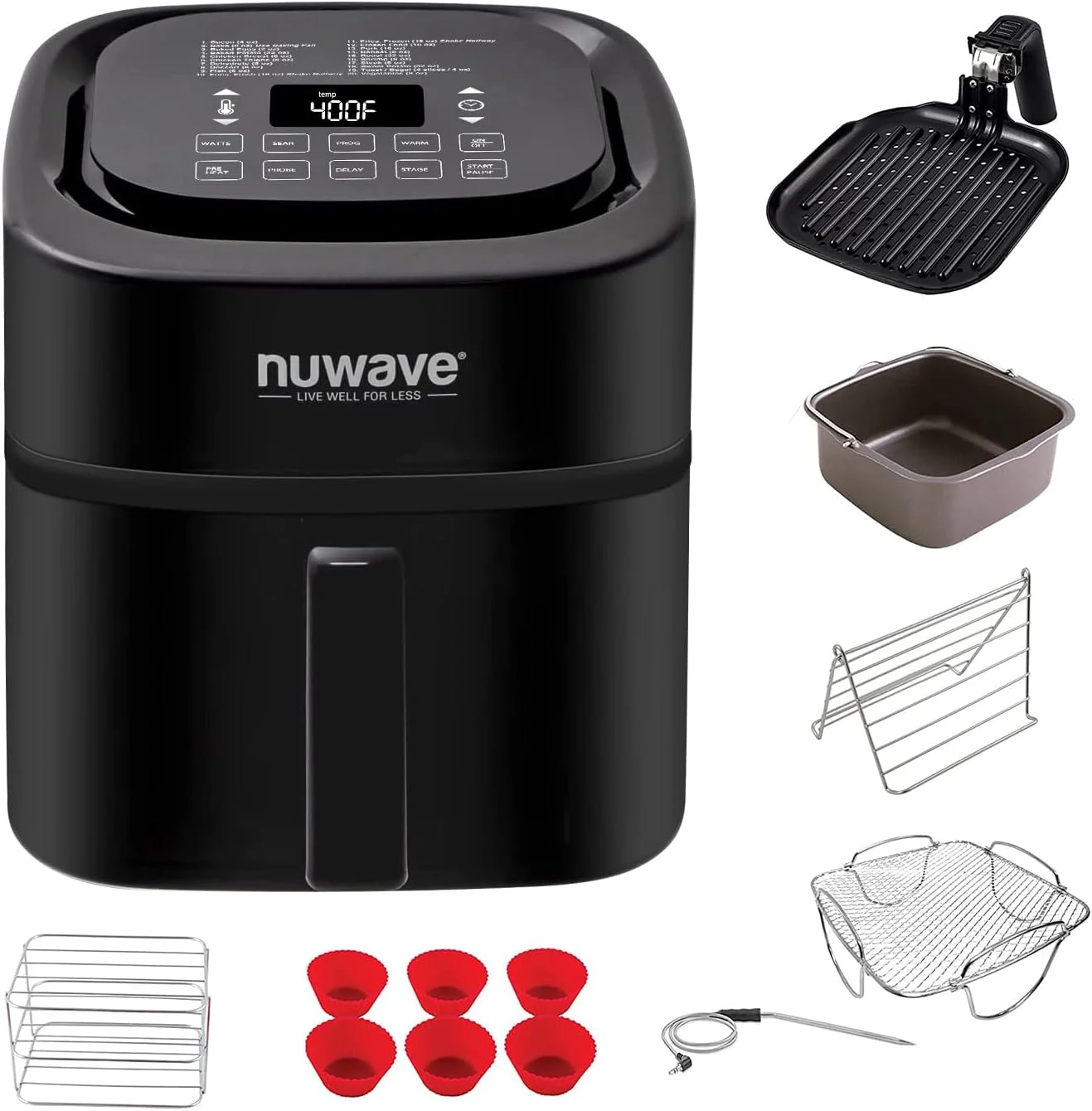 سرخ کن هوا هوشمند دیجیتال 6 کوارت Nuwave Brio با کنترل های دیجیتال لمسی، عملکردهای پیشرفته پخت و پز، درج جداکننده قابل جابجایی و تابه گریل (لوازم جانبی جدید)، مشکی سرخ کن هوا هوشمند دیجیتال 6 کوارت Nuwave Brio با کنترل های دیجیتال لمسی، عملکردهای پیشرفته پخت و پز، درج جداکننده قابل جابجایی و تابه گریل (لوازم جانبی جدید)، مشکی