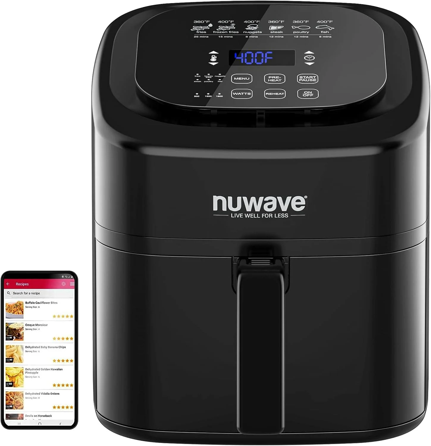 سرخ کن هوا دیجیتال سالم Nuwave Brio با ظرفیت 6 کوارت، دارای کنترل های دیجیتال تک لمسی، 6 عملکرد منوی از پیش تعیین شده و جداکننده قابل جابجایی، مشکی سرخ کن هوا دیجیتال سالم Nuwave Brio با ظرفیت 6 کوارت، دارای کنترل های دیجیتال تک لمسی، 6 عملکرد منوی از پیش تعیین شده و جداکننده قابل جابجایی، مشکی