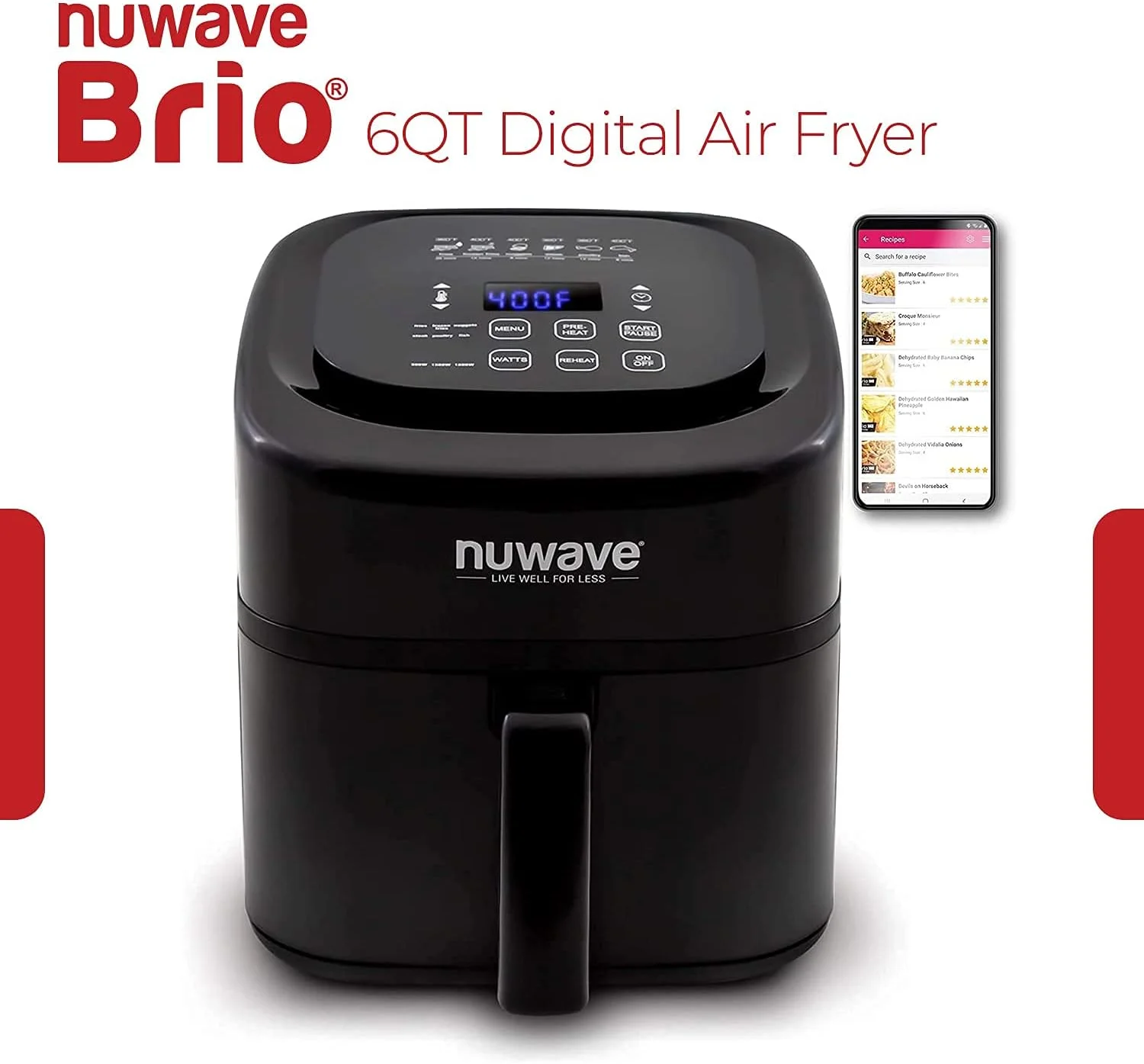 سرخ کن هوا دیجیتال سالم Nuwave Brio با ظرفیت 6 کوارت، دارای کنترل های دیجیتال تک لمسی، 6 عملکرد منوی از پیش تعیین شده و درج تقسیم کننده قابل جابجایی (بازسازی شده)