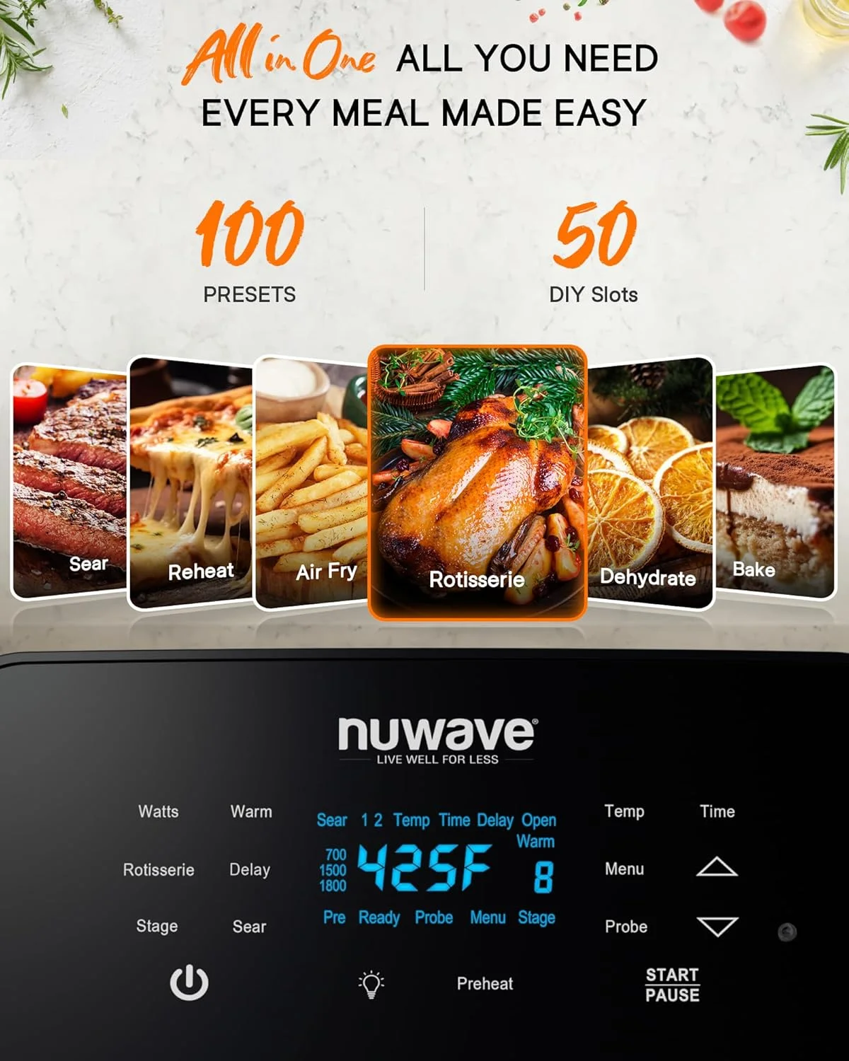 سرخ کن هوا و فر توستر و جوجه گردان Nuwave Brio با ظرفیت 14.6 لیتر، تکنولوژی پیشرفته توربو کانوکشن جدید 2024، فاقد PFAS، حداکثر یکنواختی و تردی، توان 1800 وات، 10-218 درجه سانتیگراد، 150 برنامه از پیش تعیین شده، دارای میله هوشمند، 4 طبقه