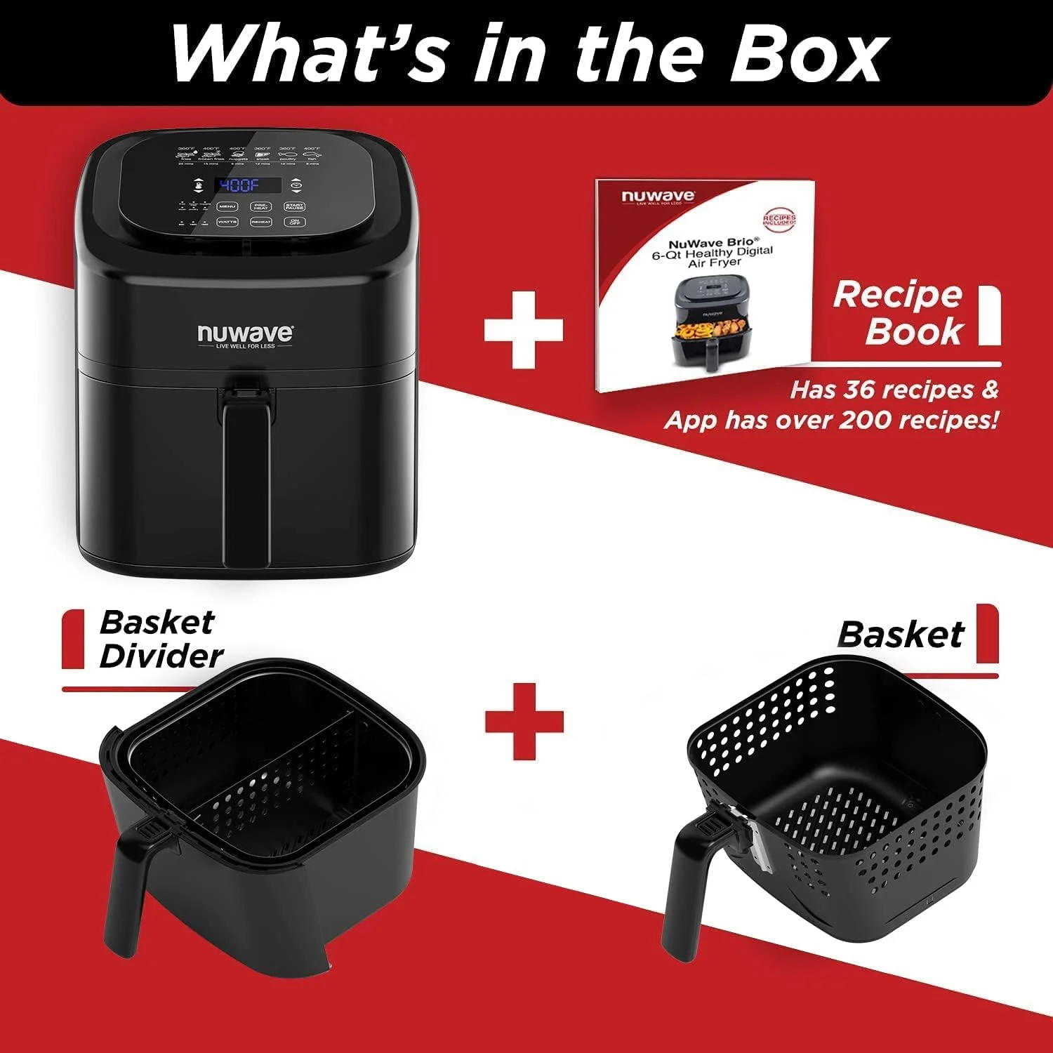 سرخ کن هوا دیجیتال سالم Nuwave Brio با ظرفیت 6 کوارت، دارای کنترل های دیجیتال تک لمسی، 6 عملکرد منوی از پیش تعیین شده و جداکننده قابل جابجایی، مشکی سرخ کن هوا دیجیتال سالم Nuwave Brio با ظرفیت 6 کوارت، دارای کنترل های دیجیتال تک لمسی، 6 عملکرد منوی از پیش تعیین شده و جداکننده قابل جابجایی، مشکی