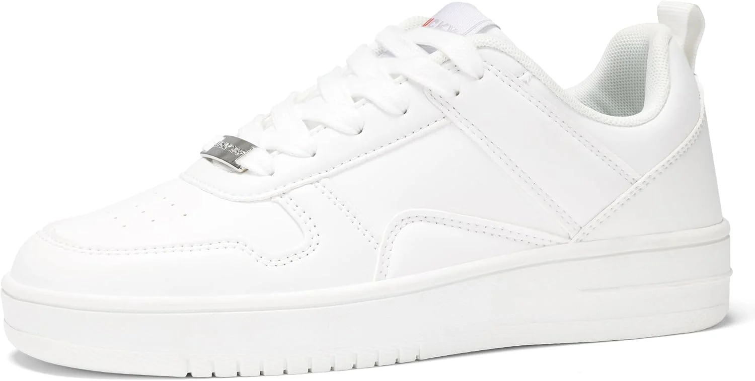 کفش کتانی زنانه LUCKY STEP، چرم سفید، مدل پایین، بند دار، مناسب پیاده روی و استفاده روزمره، راحت و شیک