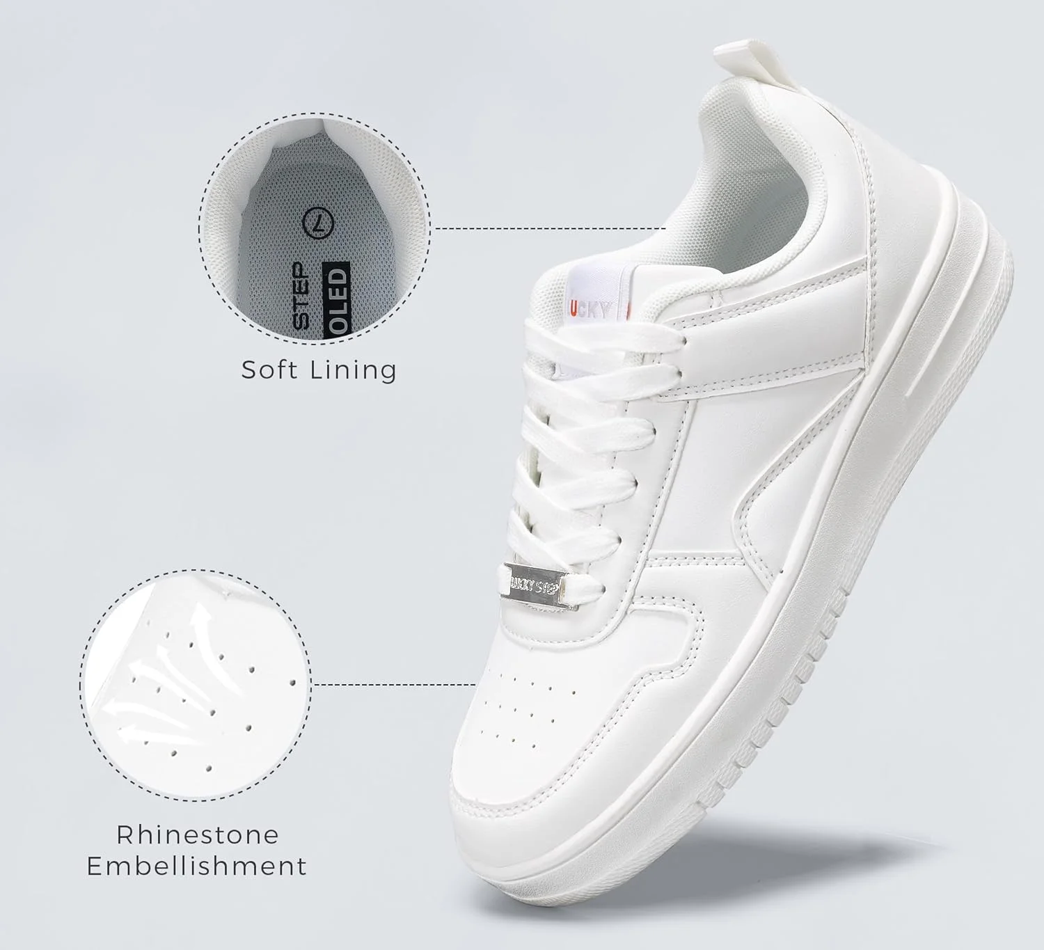 کفش کتانی زنانه LUCKY STEP، چرم سفید، مدل پایین، بند دار، مناسب پیاده روی و استفاده روزمره، راحت و شیک