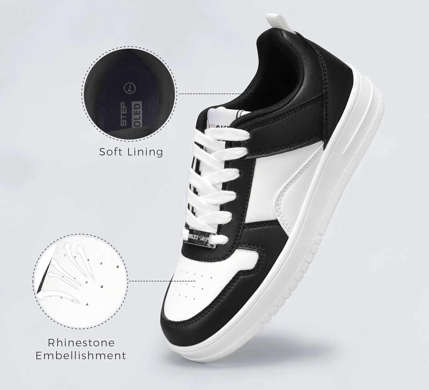 کفش کتانی زنانه LUCKY STEP، چرم سفید، مدل پایین، بند دار، مناسب پیاده روی و استفاده روزمره