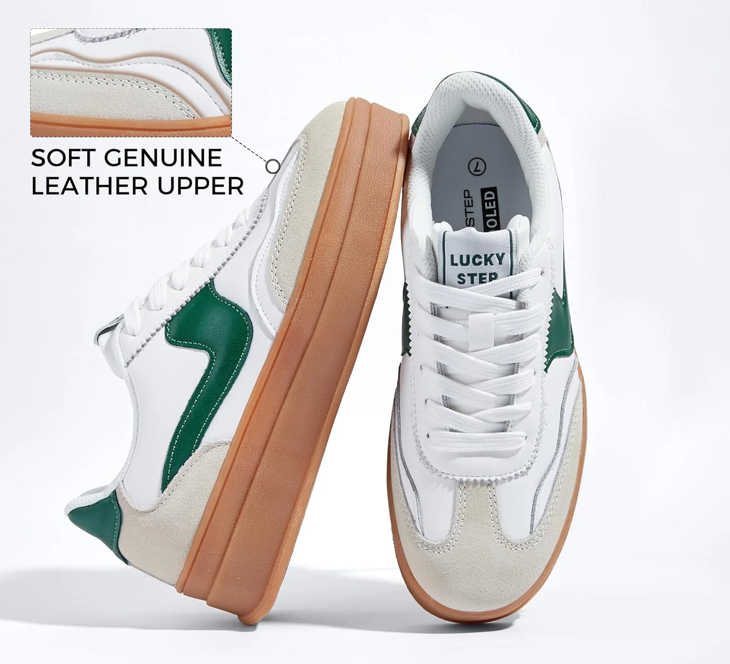 کفش کتانی پلتفرمی زنانه LUCKY STEP، زیره ضخیم، چرم جیر طبیعی، زیره لاستیکی کلاسیک، ساق کوتاه، مناسب پیاده روی روزمره