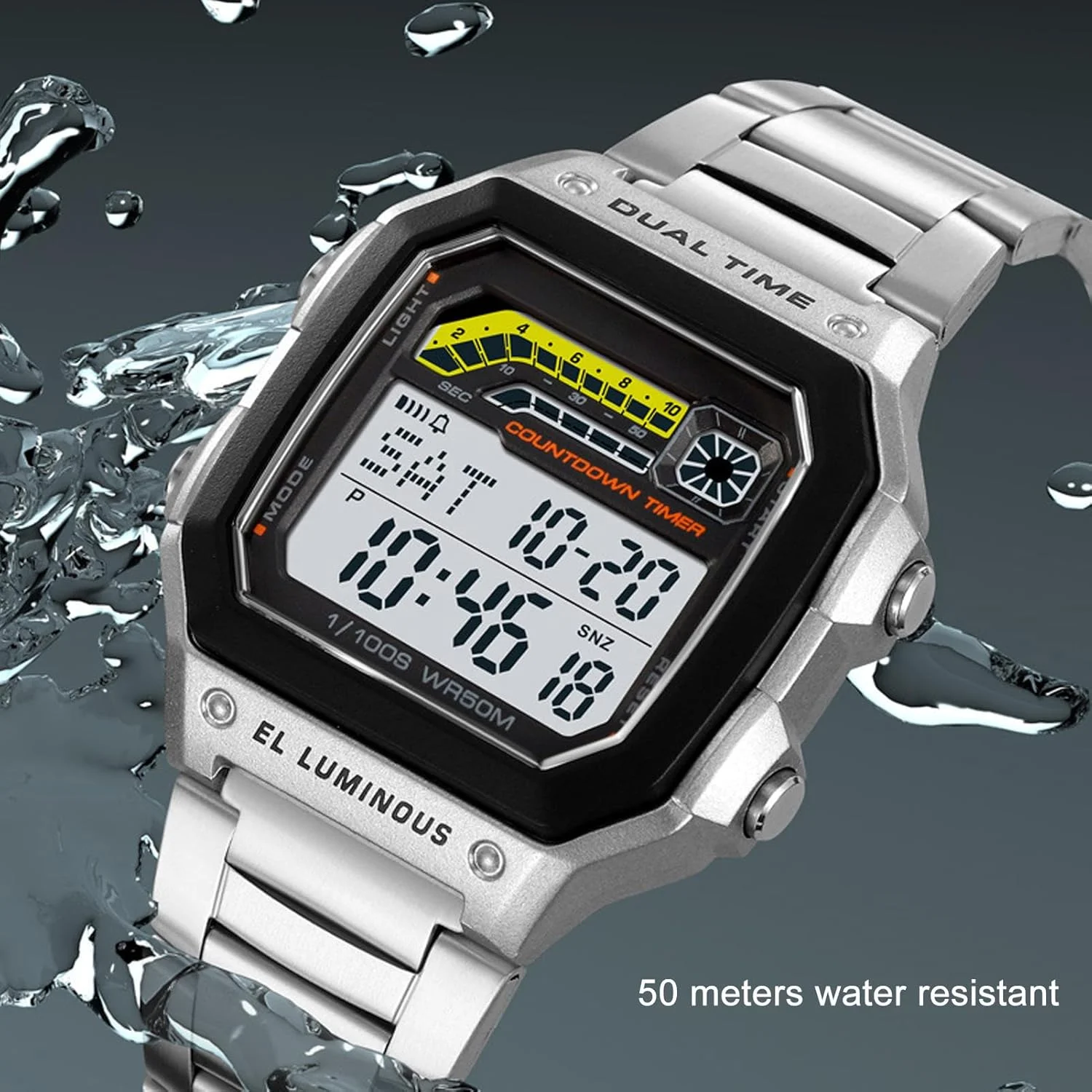 ساعت مچی دیجیتال اسپرت با بند استیل ضد زنگ و نور پس زمینه LED، مناسب برای دانشجویان، با موتور الکترونیکی درجه یک