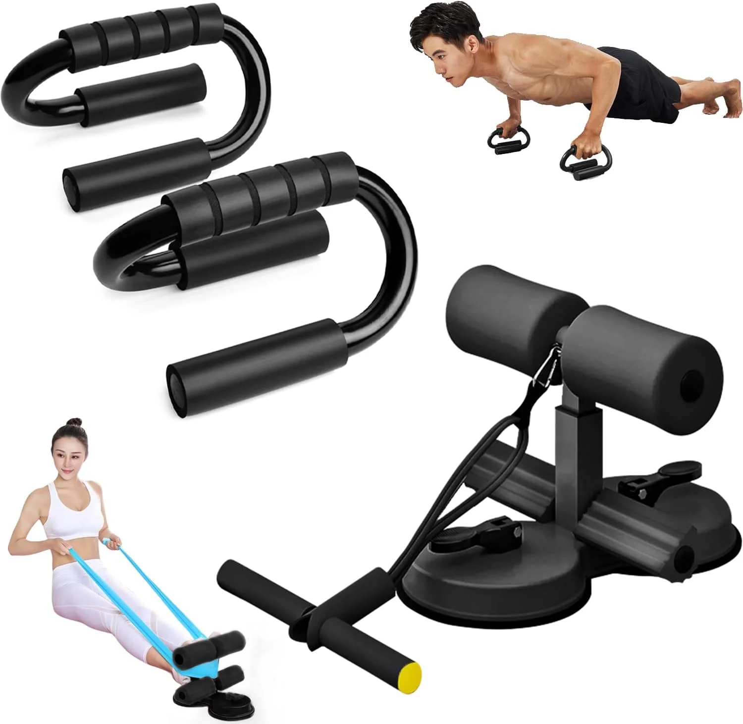 ست پایه دراز و نشست خود چسبان دوتایی و میله شنا، دسته شنا برای تمرینات قدرتی، تجهیزات ورزشی دراز و نشست با دسته فوم و مکش لاستیکی، مناسب برای تمرینات خانگی، باشگاه و آمادگی جسمانی