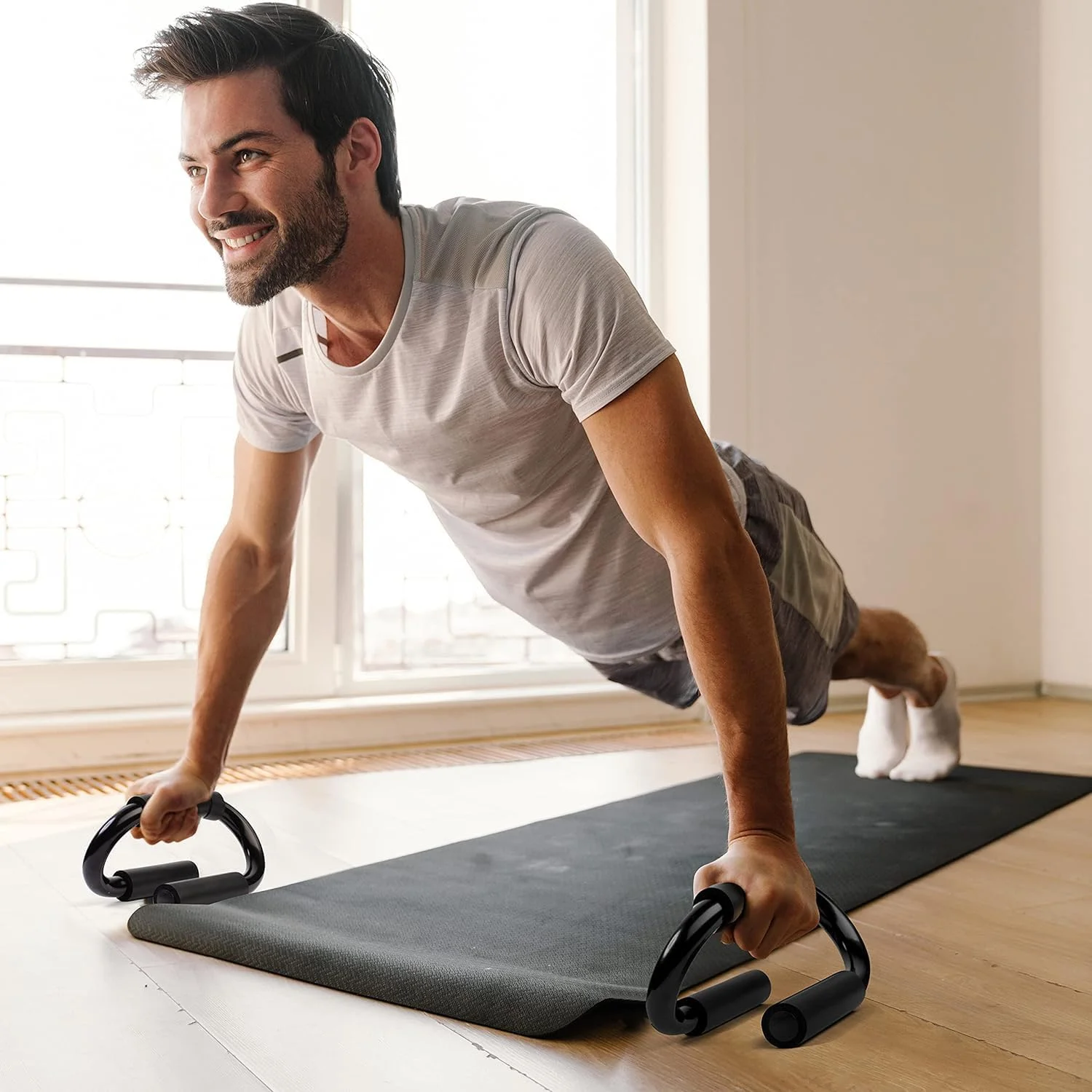 ست پایه دراز و نشست خود چسبان دوتایی و میله شنا، دسته شنا برای تمرینات قدرتی، تجهیزات ورزشی دراز و نشست با دسته فوم و مکش لاستیکی، مناسب برای تمرینات خانگی، باشگاه و آمادگی جسمانی