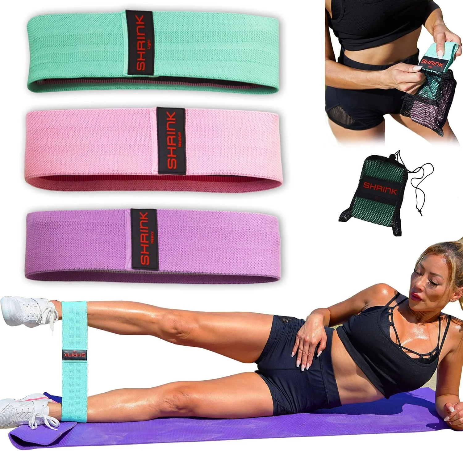 ست ۳ عددی کش مقاومتی پارچه ای شرینک - کش مقاومتی باشگاهی - کش های مقاومتی برای تمرین، کش های باسن و کش های الاستیک برای تمرینات باشگاهی و خانگی - کش های ورزشی مقاومتی برای مردان و زنان