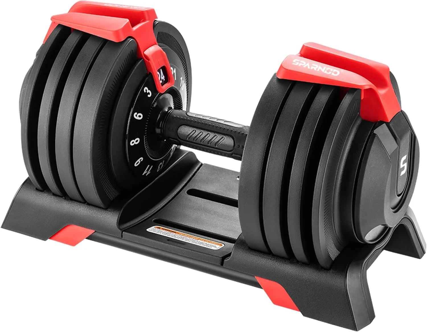دمبل قابل تنظیم Sparnod Fitness SAD-24، ۲۴ کیلوگرم با ۱۲ سطح وزنی (۳-۲۴ کیلوگرم)، قفل ایمنی تنظیم سریع با یک دست و پایه نگهدارنده، دسته ارگونومیک ضد لغزش، ساختار فولادی ممتاز
