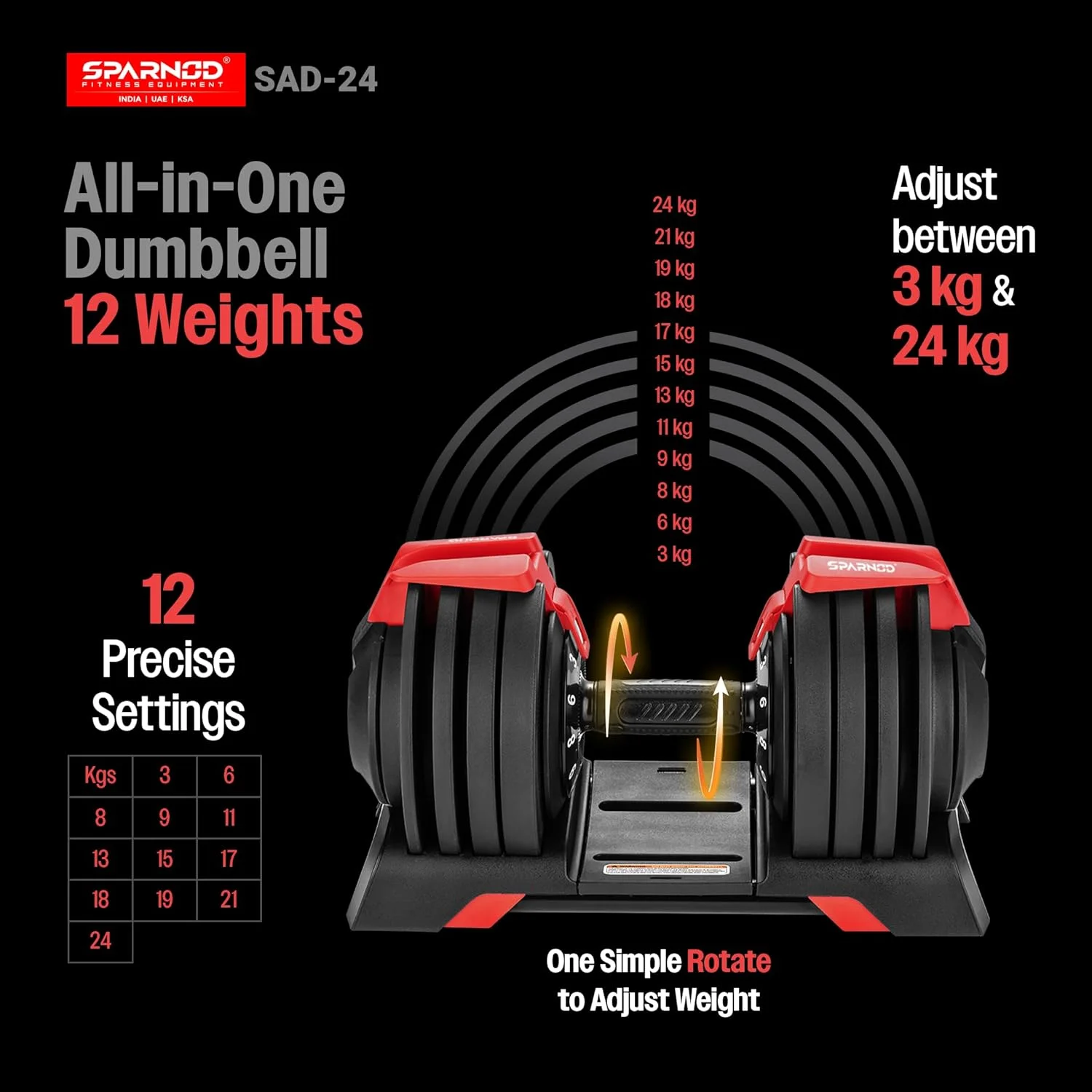 دمبل قابل تنظیم Sparnod Fitness SAD-24، ۲۴ کیلوگرم با ۱۲ سطح وزنی (۳-۲۴ کیلوگرم)، قفل ایمنی تنظیم سریع با یک دست و پایه نگهدارنده، دسته ارگونومیک ضد لغزش، ساختار فولادی ممتاز