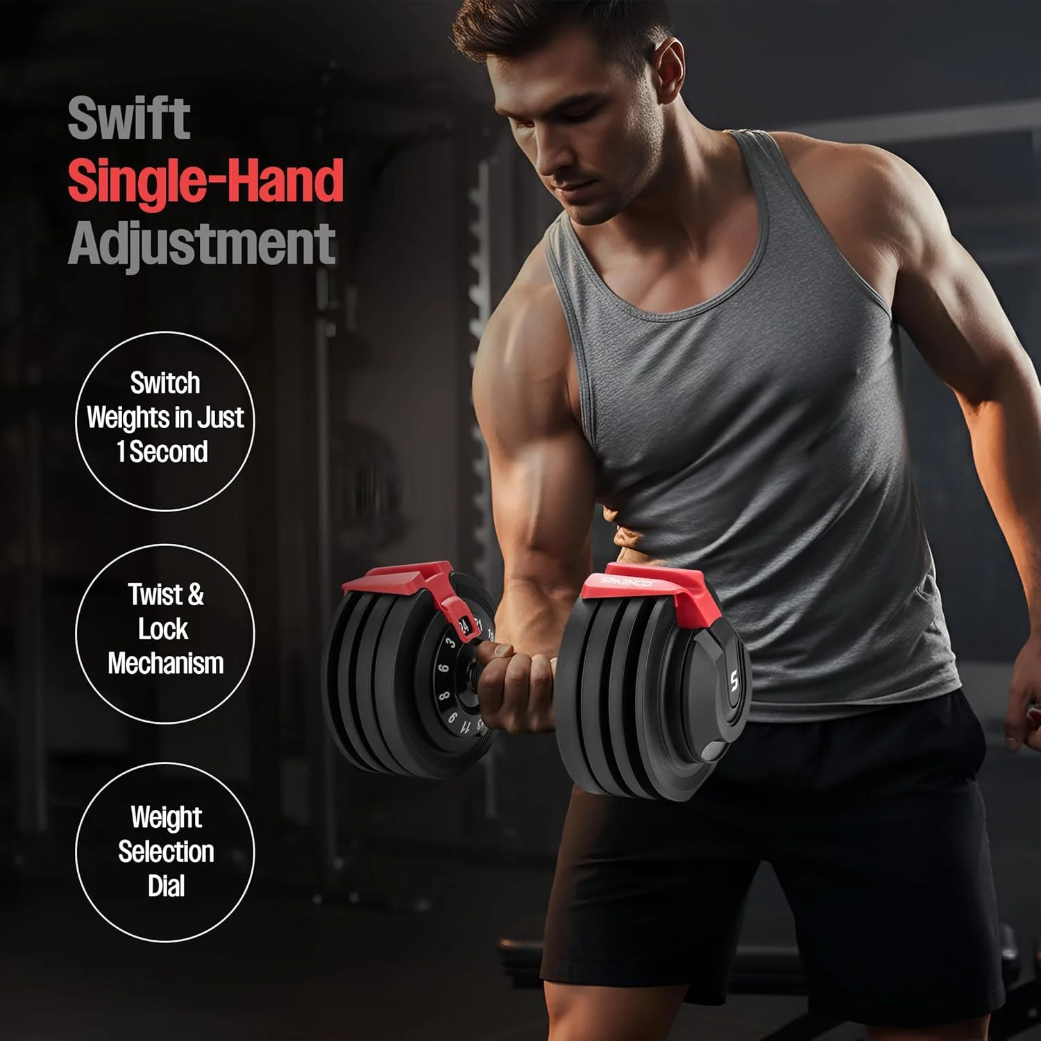 دمبل قابل تنظیم Sparnod Fitness SAD-24، ۲۴ کیلوگرم با ۱۲ سطح وزنی (۳-۲۴ کیلوگرم)، قفل ایمنی تنظیم سریع با یک دست و پایه نگهدارنده، دسته ارگونومیک ضد لغزش، ساختار فولادی ممتاز