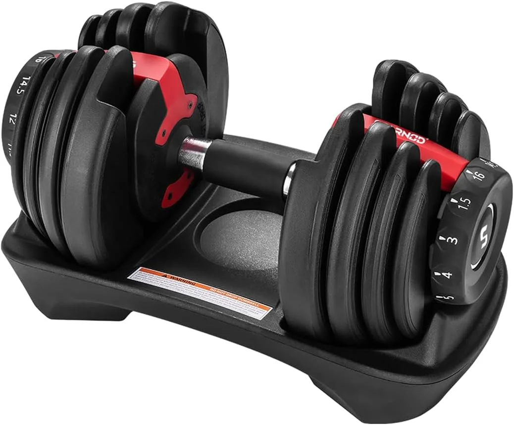 دمبل قابل تنظیم اسپارنود فیتنس SAD-16، 16 کیلوگرم، تنظیم سریع 12 حالته با شماره‌گیر دیجیتال، فولاد مستحکم، نایلون و لاستیک نرم، 8 قفل ایمنی، دسته ضد لغزش، سینی پایه